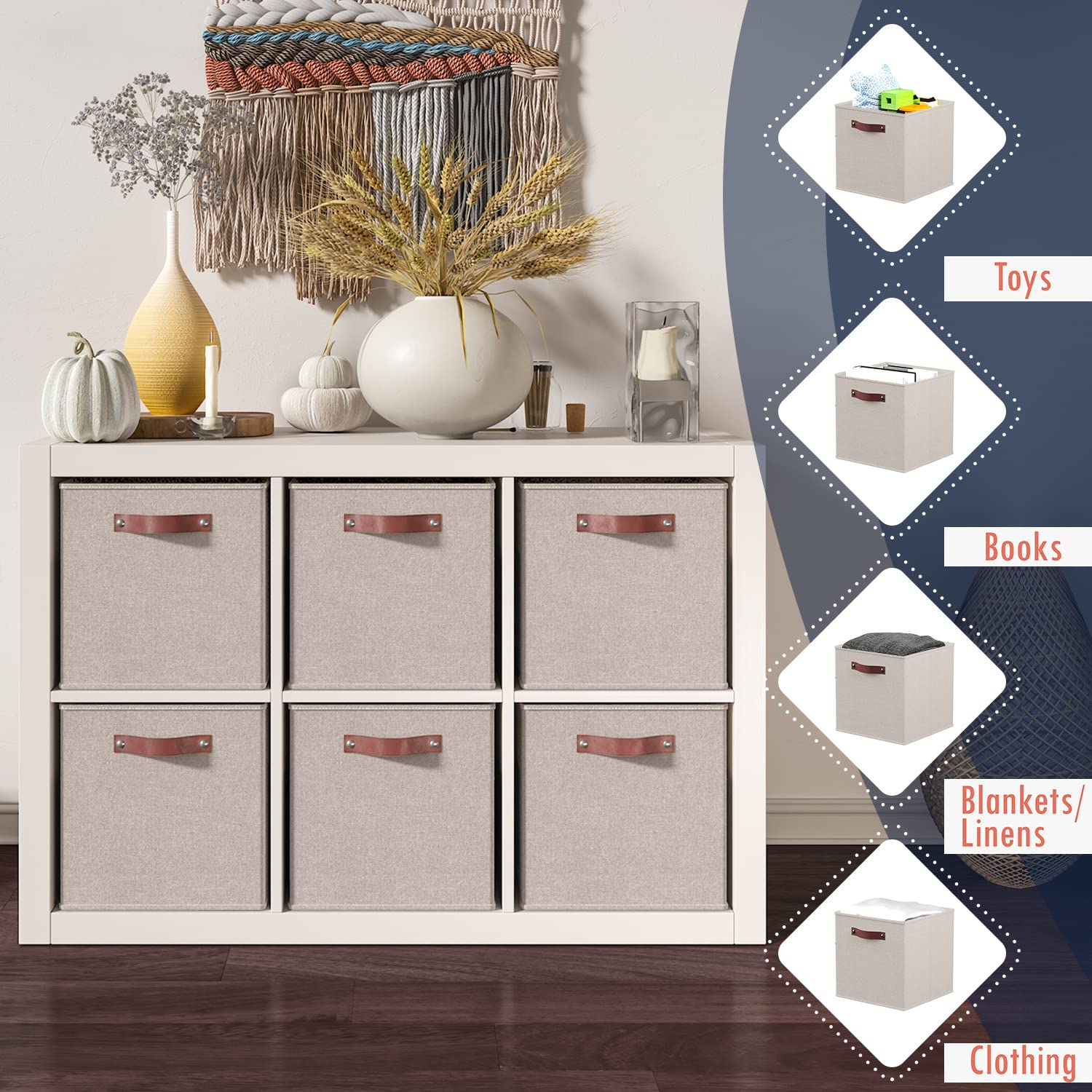 Ornavo Home 13 X 15 X 13 Kallax Storage Cube Bins, Foldable Collapsible Fabric Storage Bins Box Linen Shelf Basket Cube Organize