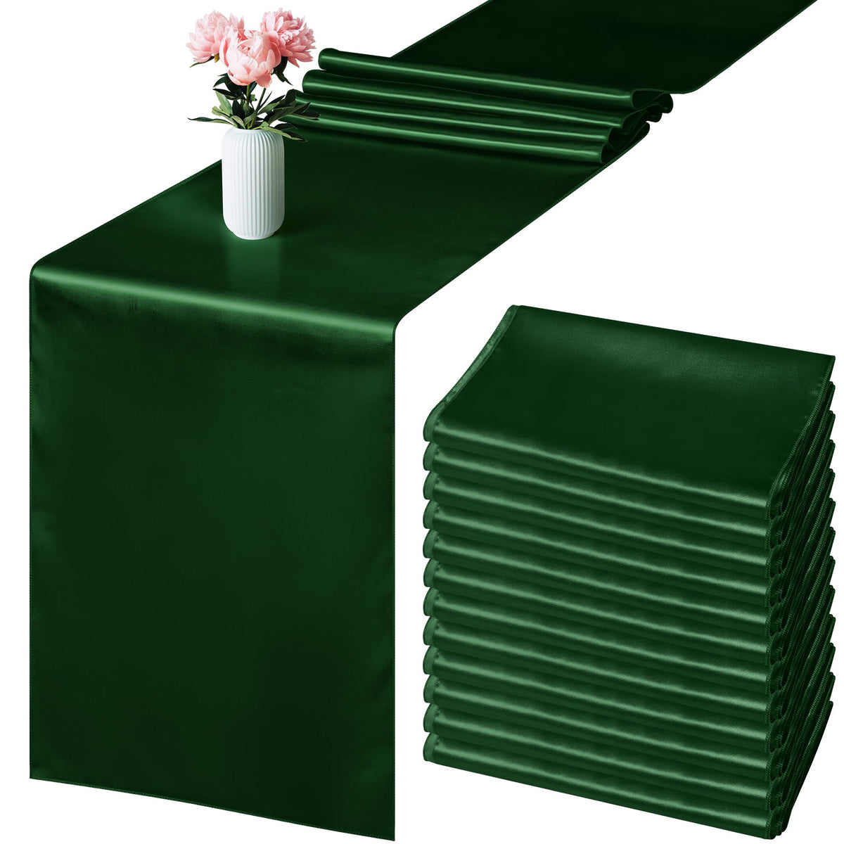 Aneco 12 Pack Satin Table Runner 12 X 108 Inch Forest Green Long Wedding Satin Silk Table Runner For Wedding Banquet Graduations