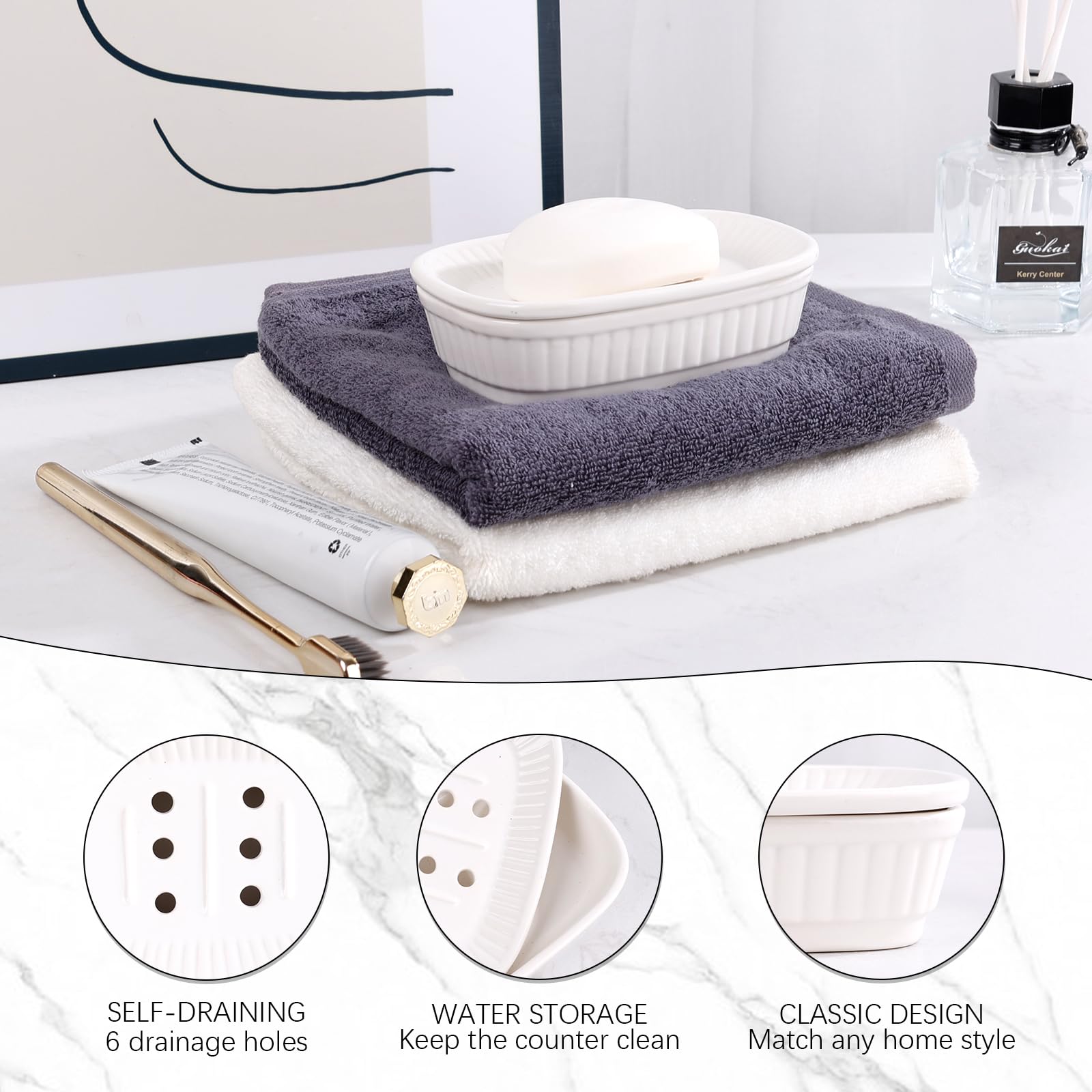 Ceramic Soap Dish, Self-Draining Soap Holder, Double Layer Bar Soap Holder, White Draining Soap Dishes For Bathroom Shower Kitch