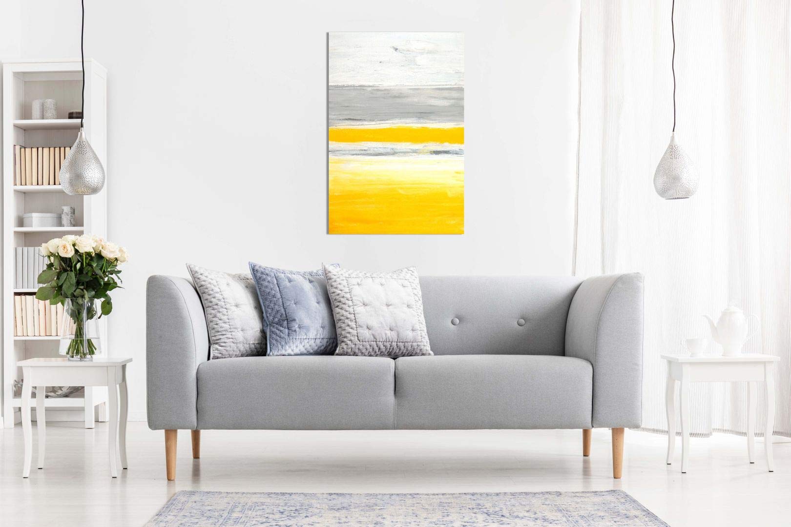 Trendy Abstract Yellow Grey Home Office Painting Canvas Wall Art Picture Print (24X16In)