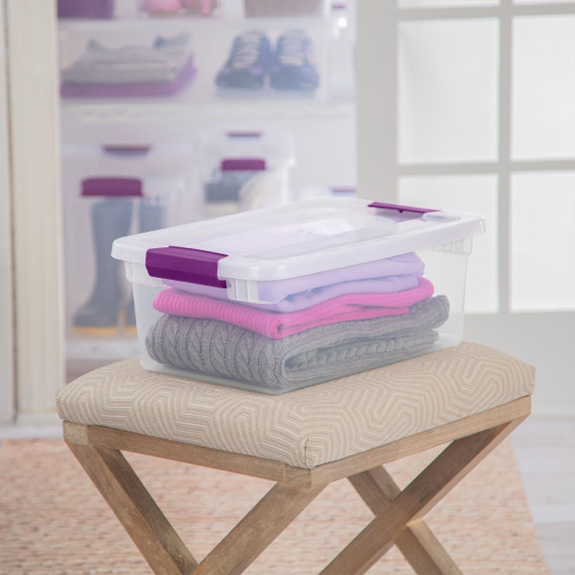 Sterilite 15 Qt ClearView Latch Box - Stackable Storage Bin, Clear/Purple, 12-Pack, Durable Plastic, Organize Clothes & Shoes