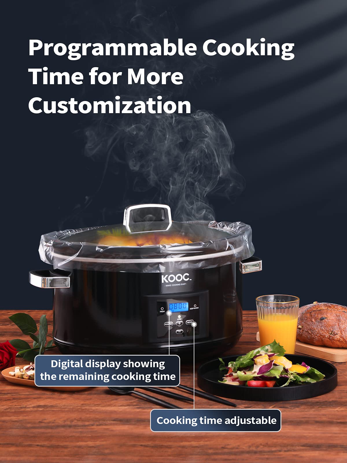 KOOC 8.5-Quart Programmable Slow Cooker, Black Stainless Steel, Model KSC850B-Pro, Digital Timer, Free Liners Included