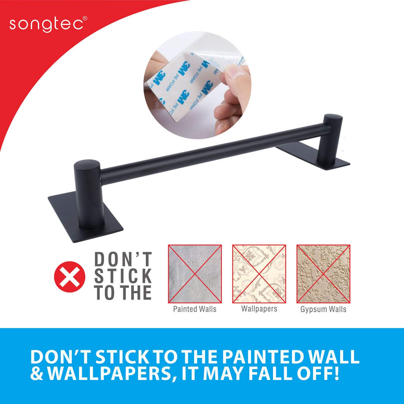 Adhesive Black Towel Bar 9-inch  Stick On Bath Towel Rack  Hand Towel Holders  No Drilling on Wall - Black