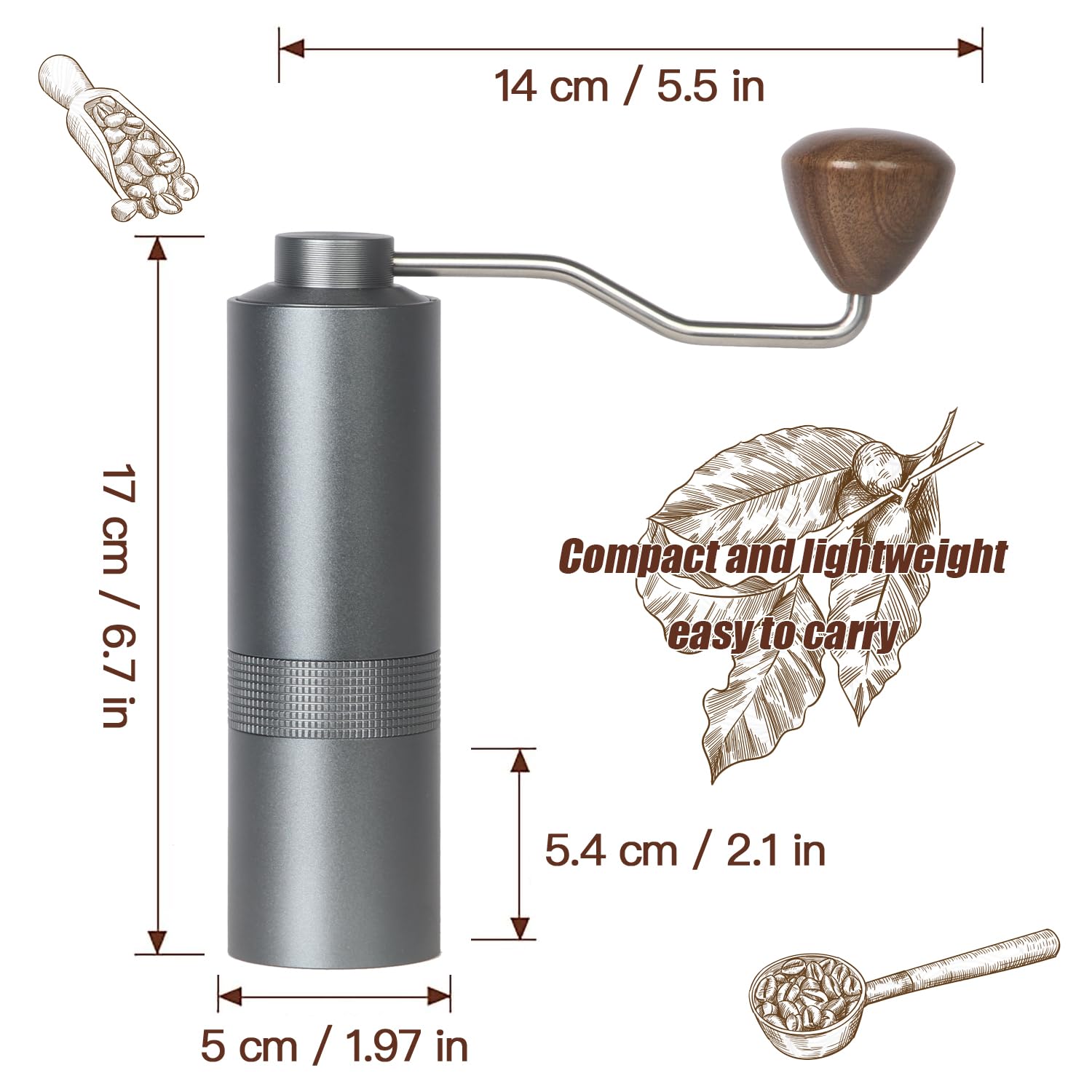 Manual Coffee Grinder - Precision Cnc Stainless Steel Burr Grinder With Adjustable Settings, Grey Blue, Double Bearings For Smoo