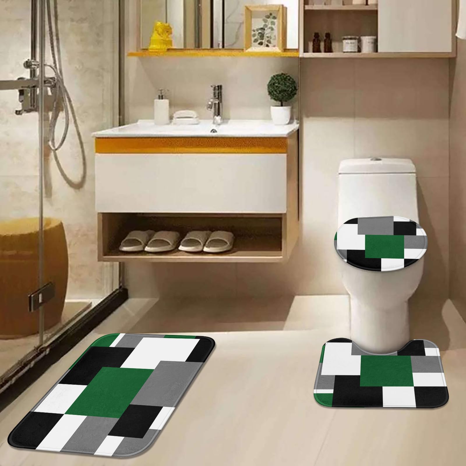 Tayney Green Geometric Shower Curtain Set With Toilet Lid Cover And Non-Slip Rugs For Bathroom, Grey Black White Checkered 4 Pcs