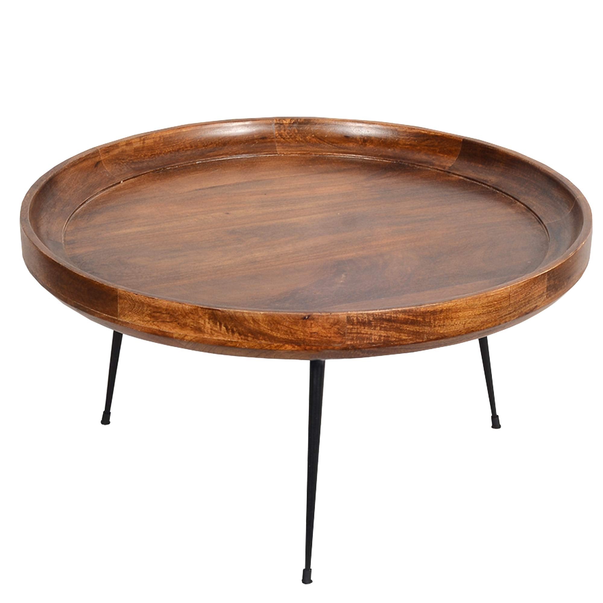 The Urban Port Round Mango Wood Coffee Table with Splayed Metal Legs, Brown and Black