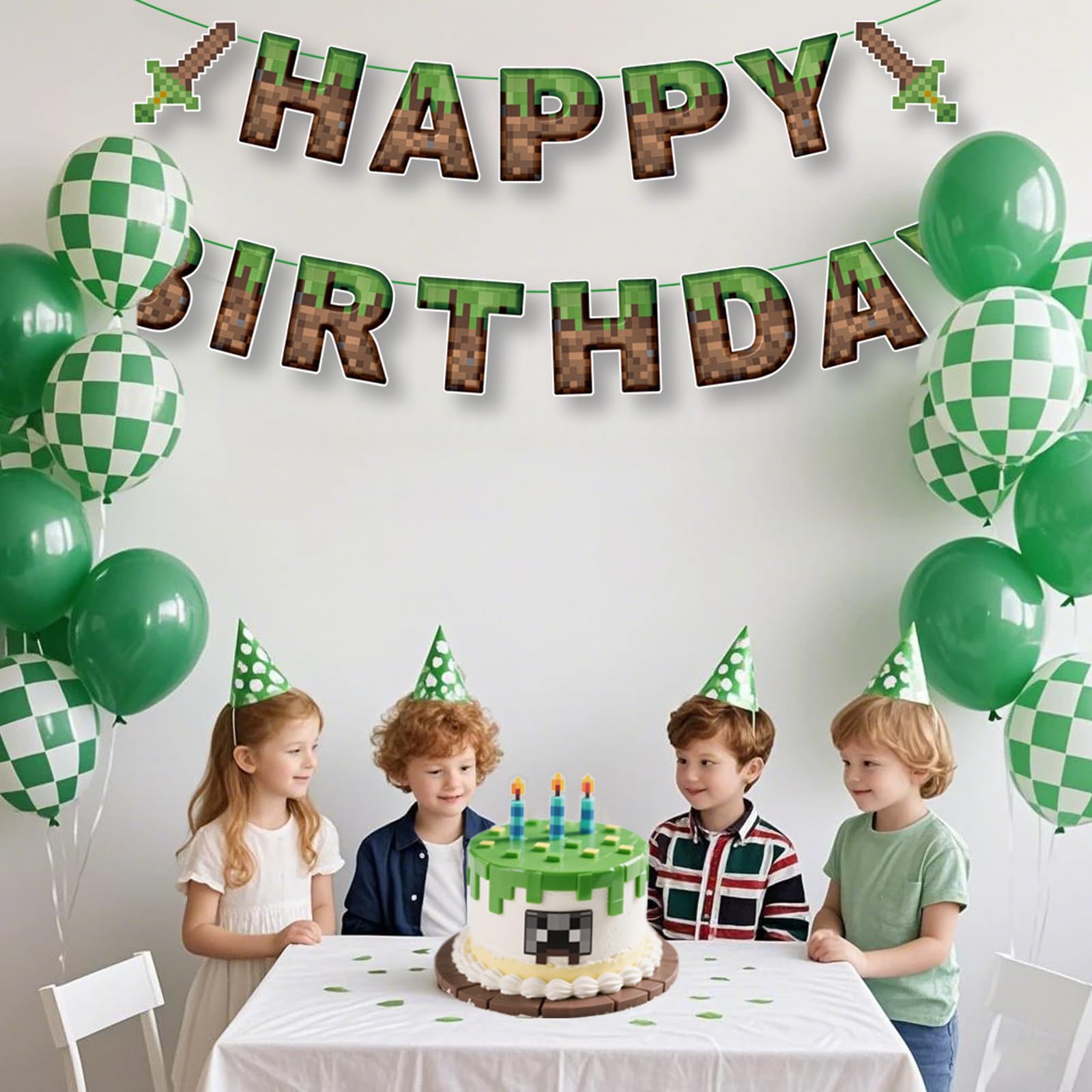 Pixel Birthday Decorations,Happy Birthday Banner,Mining Theme Party Favors Supplies
