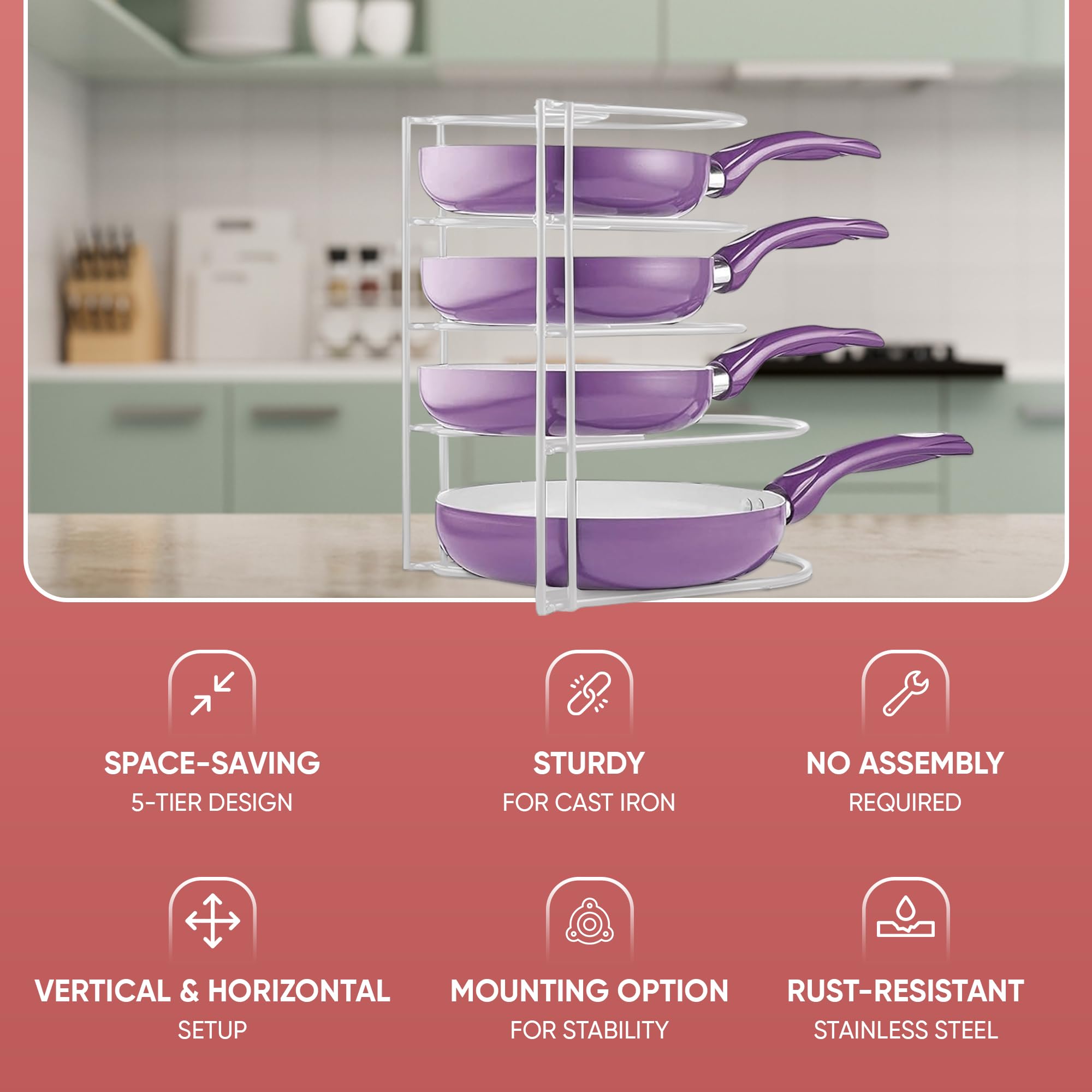 Extreme Matters Heavy-Duty Pots And Pans Organizer | 5-Tier Cookware & Lid Storage Rack | Free-Standing Or Wall-Mount | Kitchen