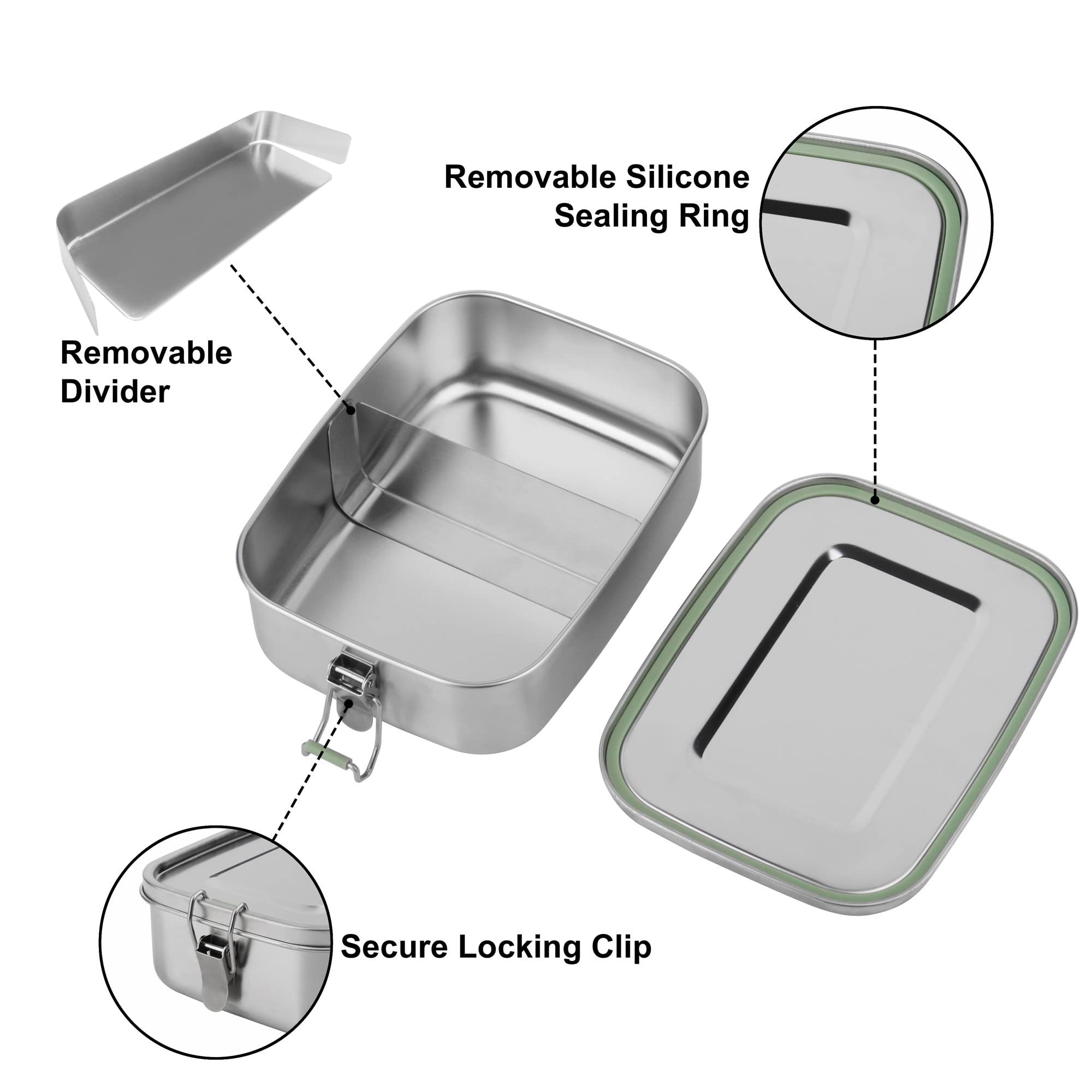 Arora Stainless Steel Bento Lunch Box - 1500Ml W/Divider, 2 Compartments, Eco & Recyclable Food Container, Leakproof & Dishwashe