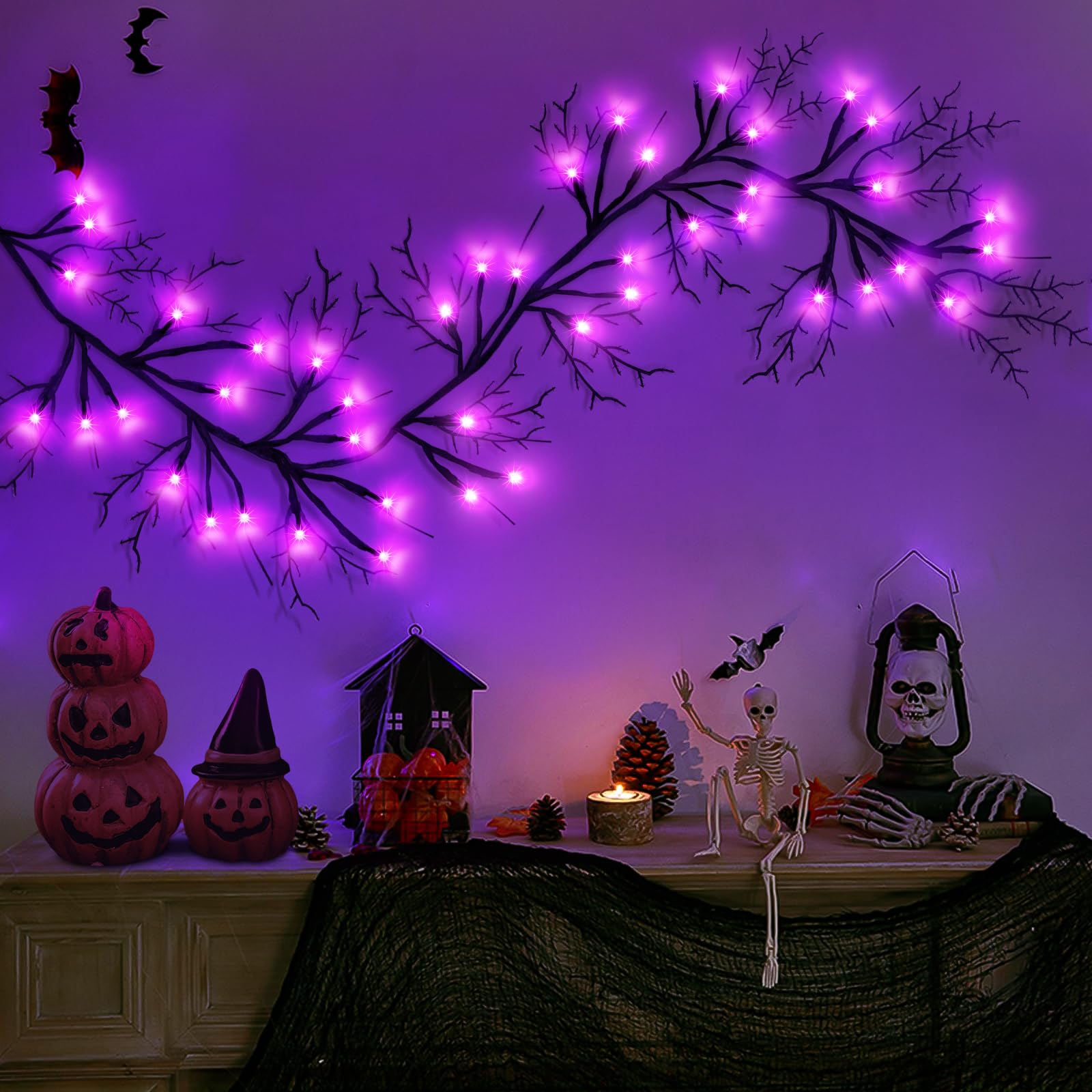 SURCVIO 9 Ft 54 LED Halloween Willow Vine Twig Decor Garland Waterproof Battery Operated Halloween Decorations for Home Wall Man