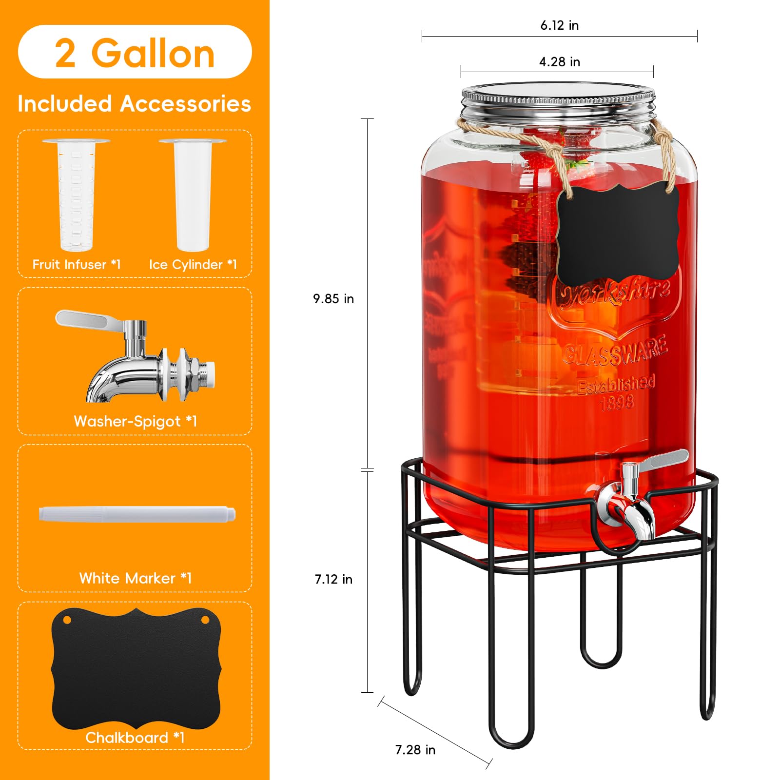 Onedream 2 Gallon Glass Drink Dispenser For Parties, Beverage Dispenserd With Stand, Lemonade Dispenser With Stainless Steel Spi
