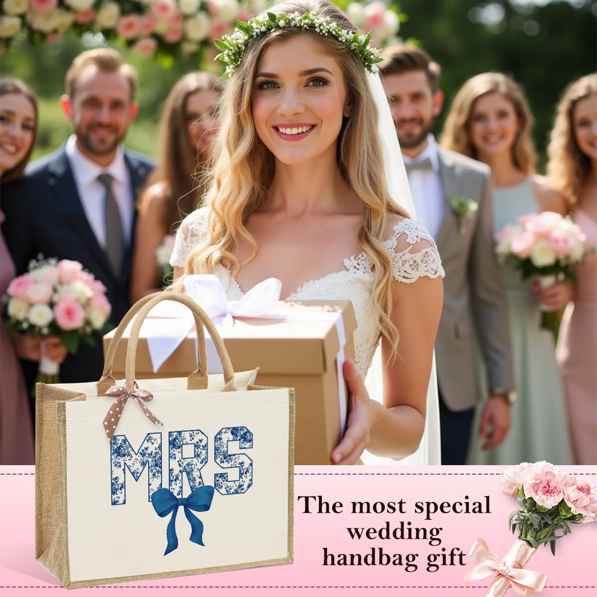 KongMoTree Bride Bag Gifts, Bridal Shower Gifts, Blue Bows Canvas Tote Bag Wedding Bachelorette Honeymoon Gift Bridesmaid Tote B