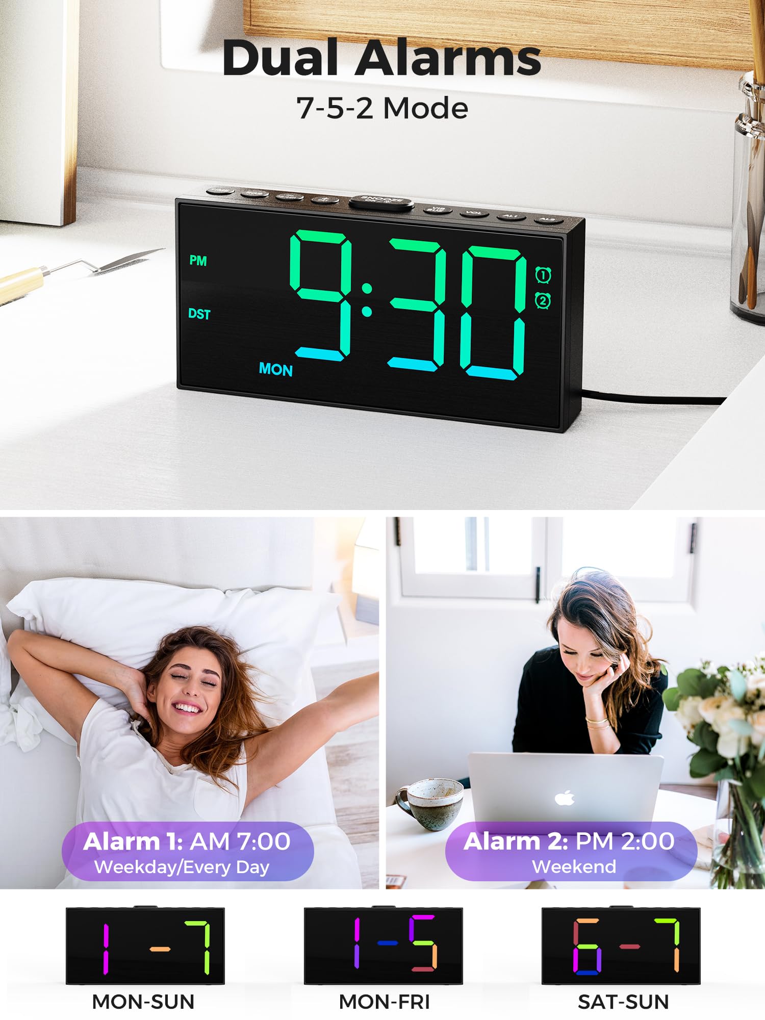 PPLEE RGB Digital Alarm Clock for Bedrooms with Day Display, Loud Dual Alarms for Heavy Sleepers, Plug-in Bedside Clock with USB