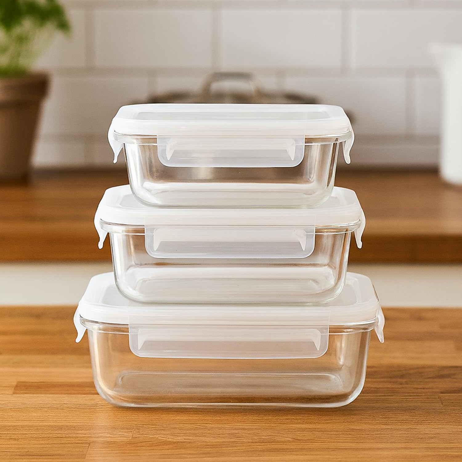 Amazon Brand  Solimo Rectangle Glass Storage Container Set, 348 Ml 620 Ml 1000 Ml, Set Of 3, Transparent, Microwave Safe