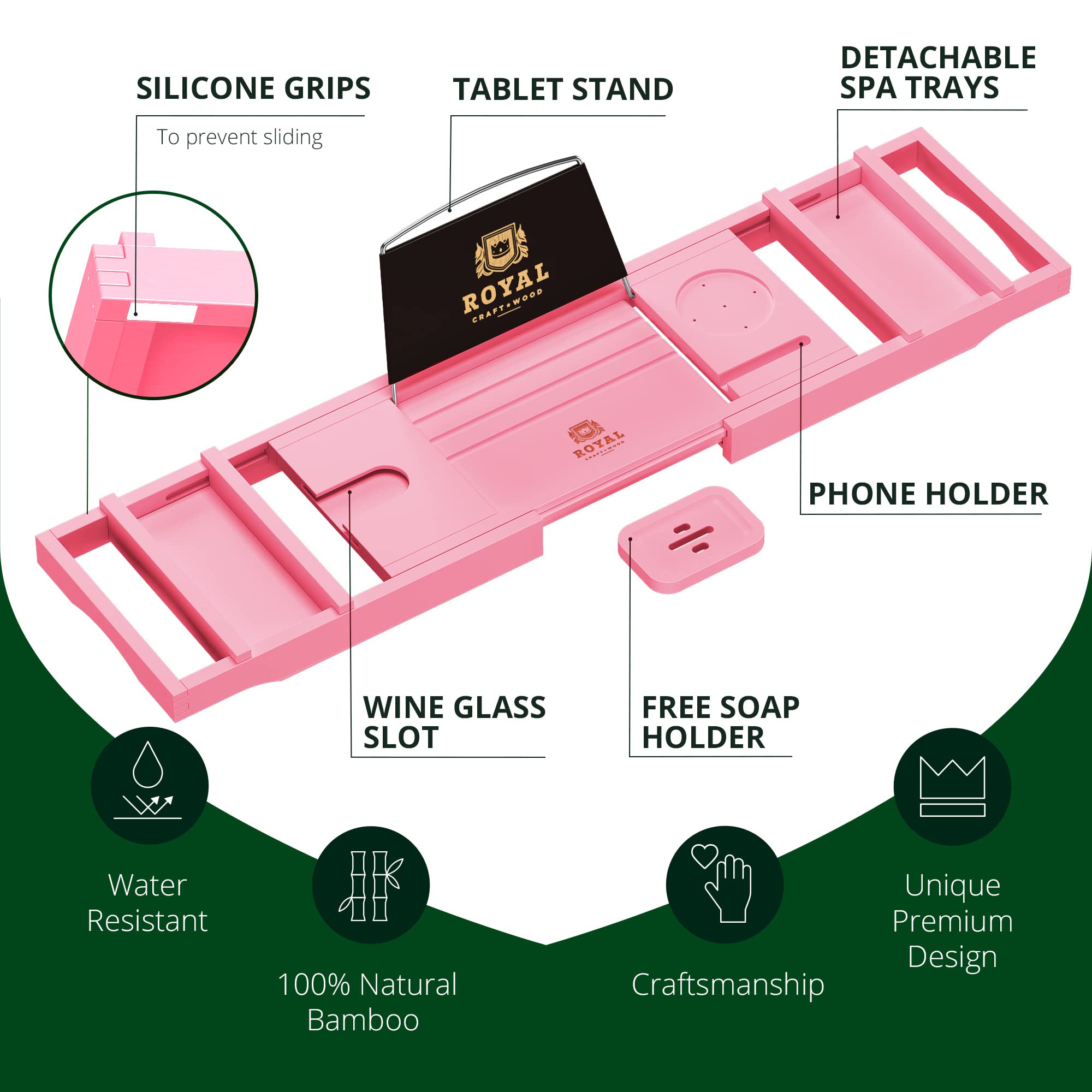 ROYAL CRAFT WOOD Luxury Bathtub Caddy Tray  One or Two Person Bath and Bed Tray  Bonus Free Soap Holder (Pink)