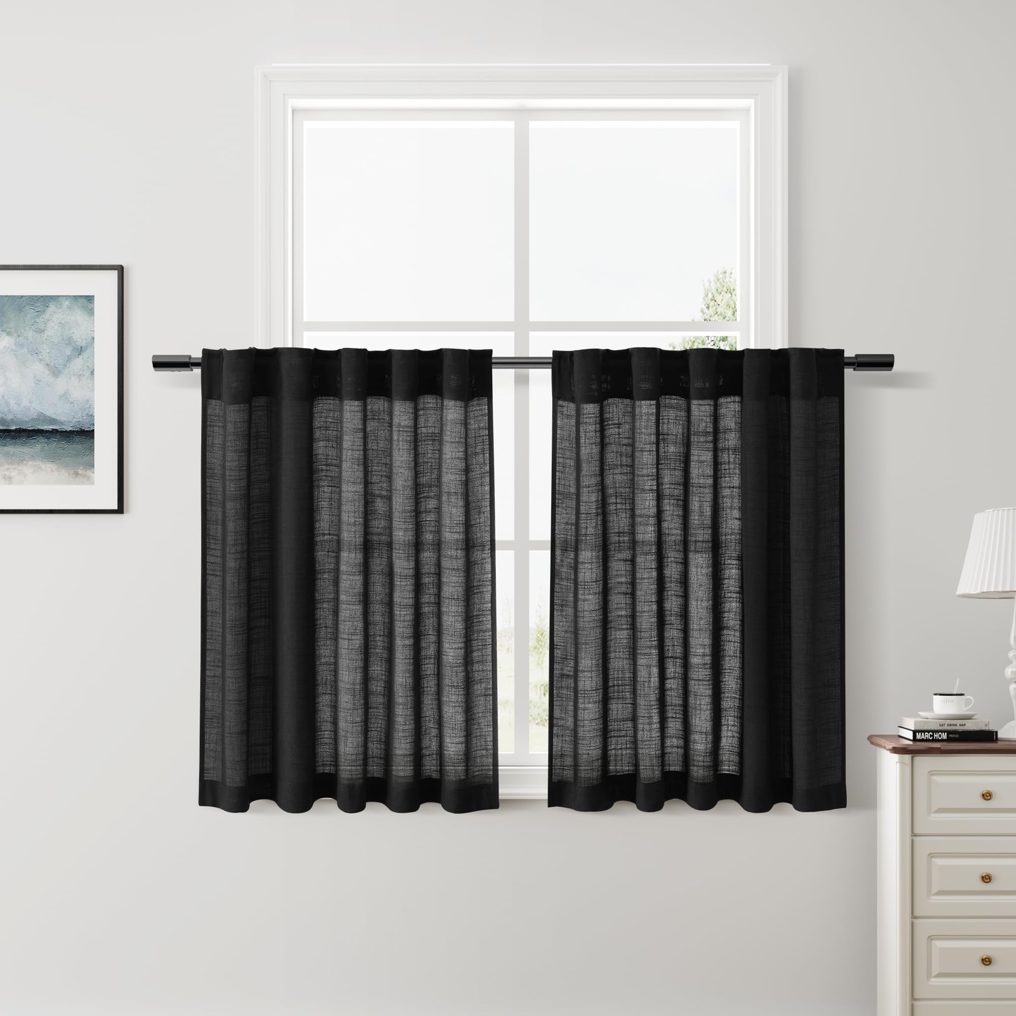 Nanspring Short Linen Curtains 36 Inch Length for Kitchen Windows Over Sink Black Privacy Back Tab and Rod Pocket Modern Neutral