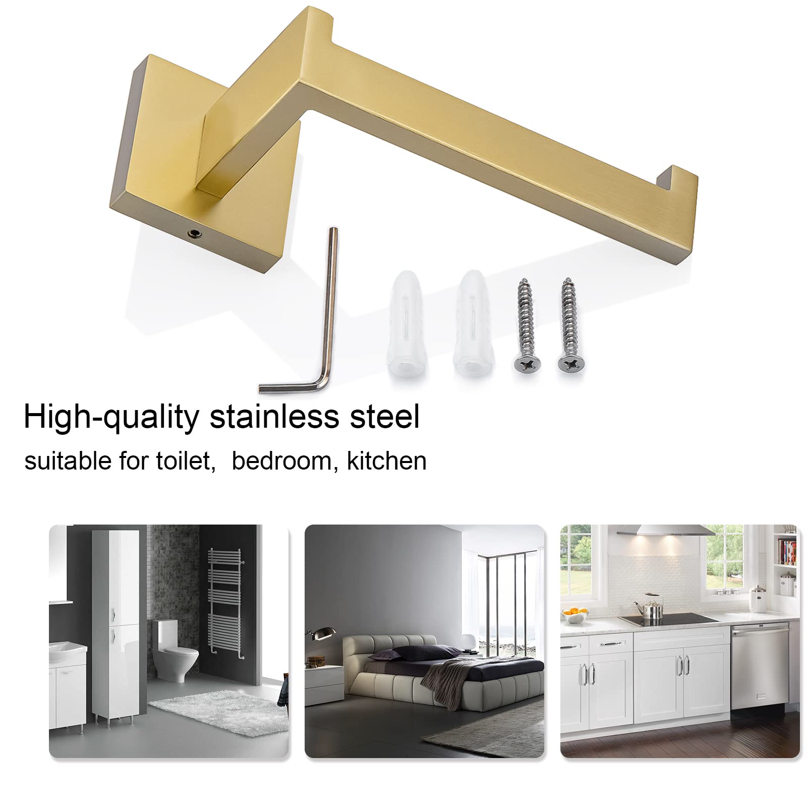 Tqkag Brushed Gold Toilet Paper Holder Sus304 Stainless Steel, Modern Square Tissue Roll Holders Wall Mount, Toilet Paper Roll D