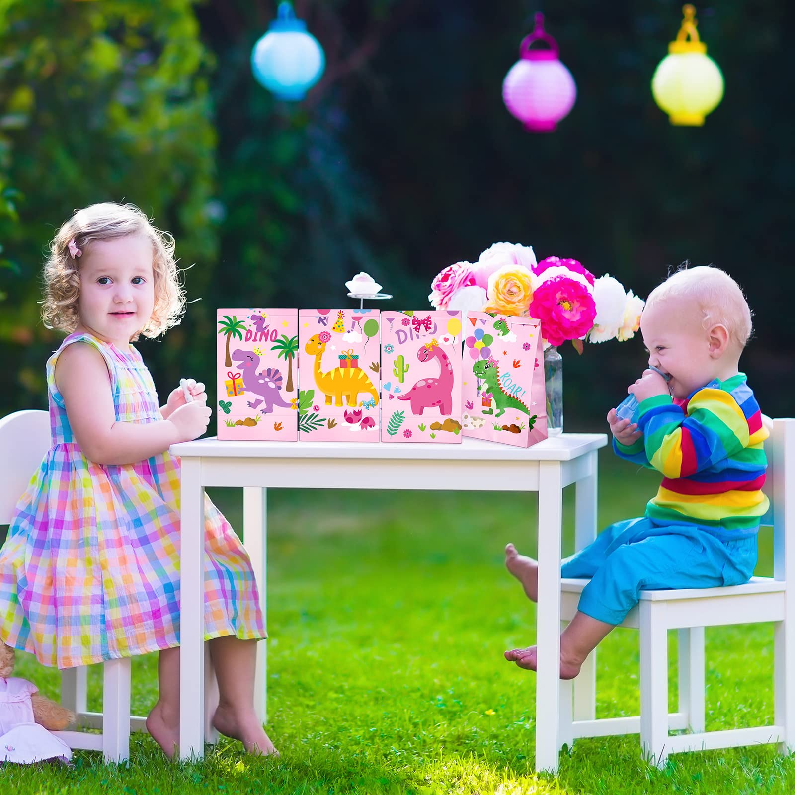 24 Pieces Dinosaur Party Bags Dino Candy Favor Bags With Stickers Pink Goodie Treat Gift Bags For Kids Girls Dinosaur Birthday P