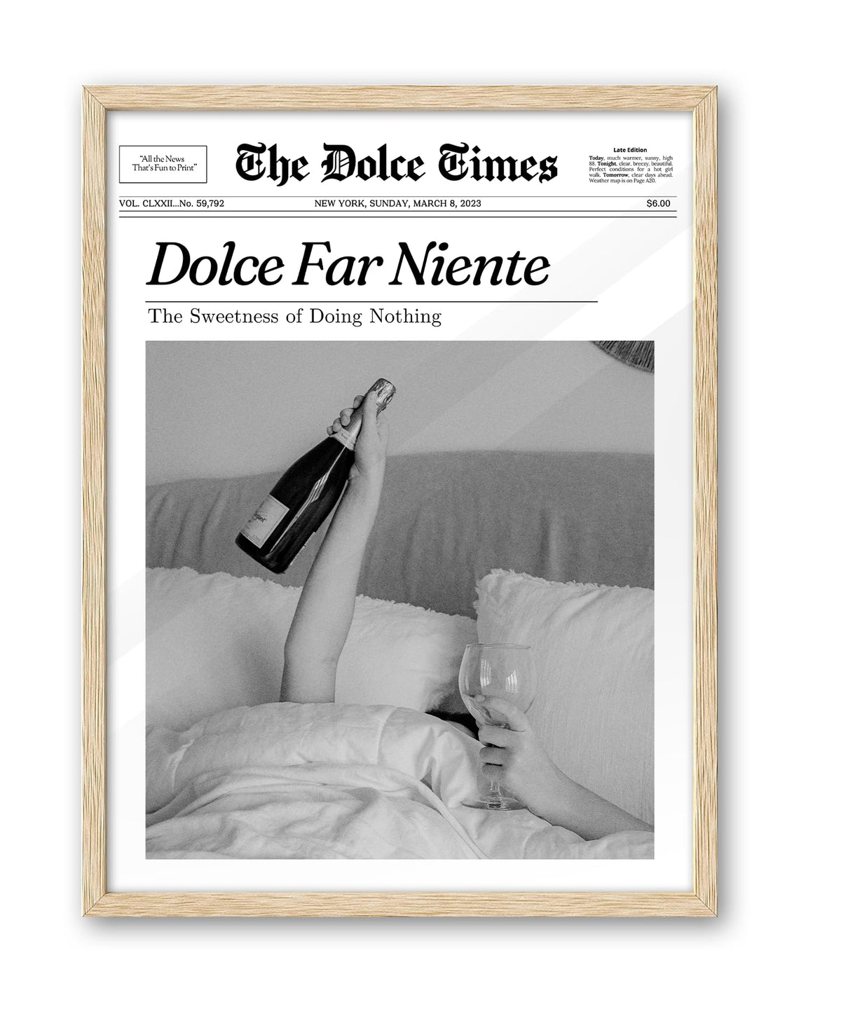 Ihery Dolce Far Niente Framed Trendy Newspaper Wall Art, Natural Oak Wood 12X16In Canvas Wall Art Bedroom,The Sweetness Of Doing