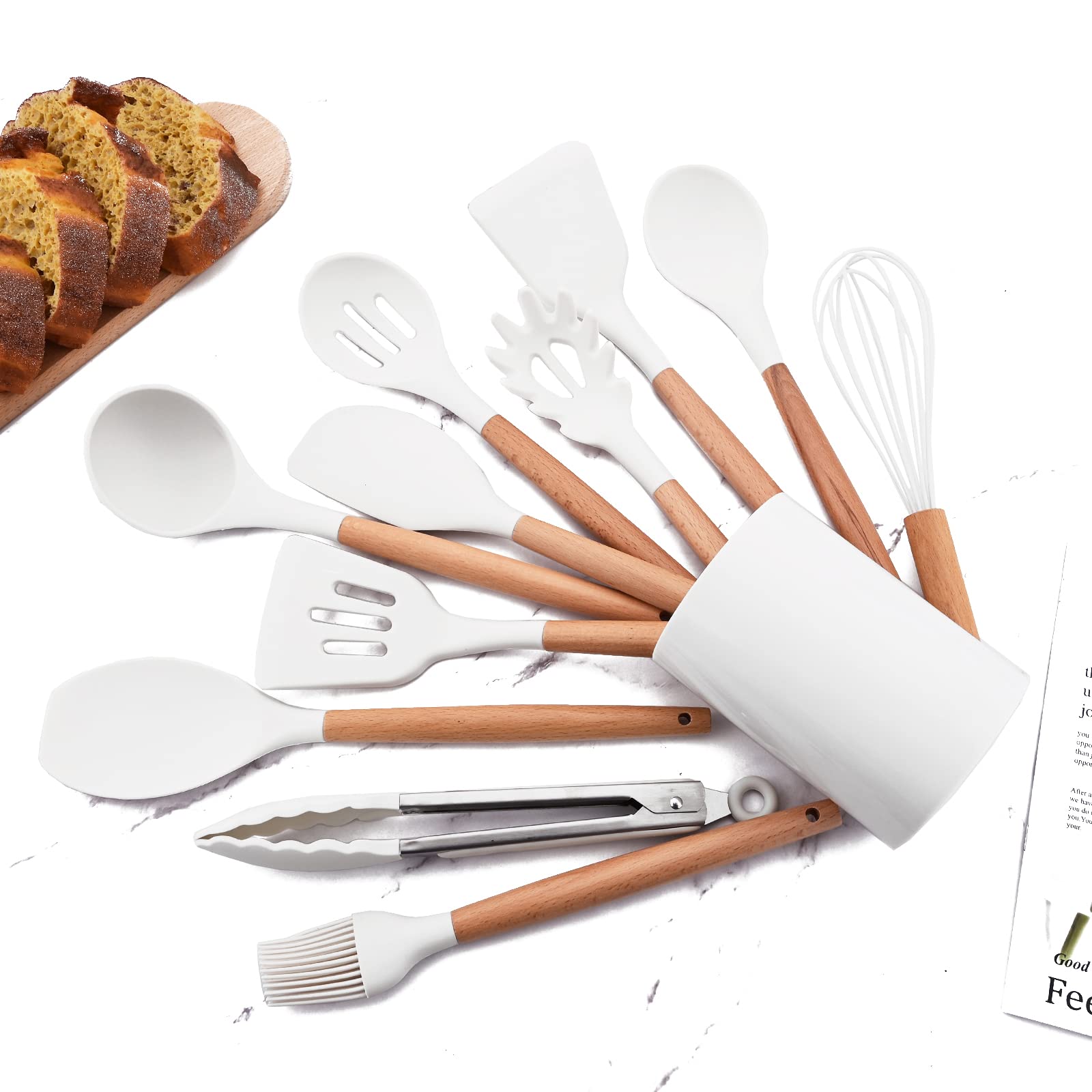 Briiec 12Pcs Wooden Handle Silicone Kitchen Utensils Set, Non-Stick Silicone Cooking Utensils, White Spatula Set, Turner Spoon,