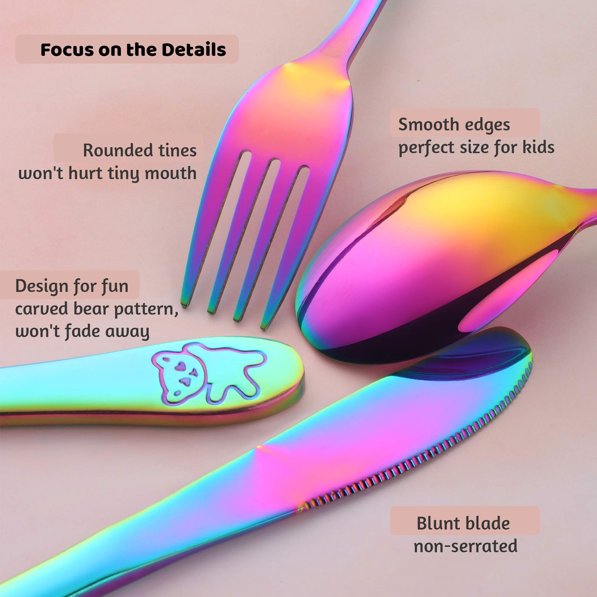 Kids Silverware, Poylim Stainless Steel Children Flatware Set, Toddler Utensils Set of 4, Rainbow