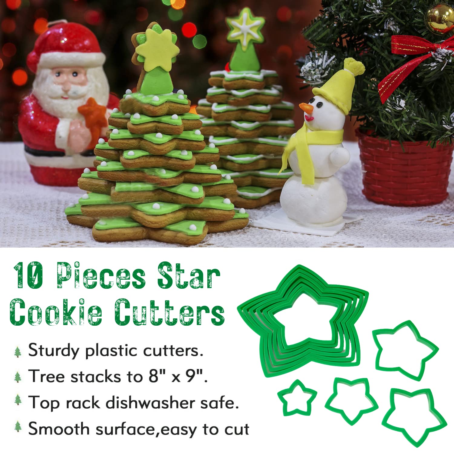 Kaishane 10Pcs 3D Christmas Tree Cookie Cutter Set-Star Cookie Cutters Xmas Decoration Fondant Donut Cookie Cutters Kit For Chri