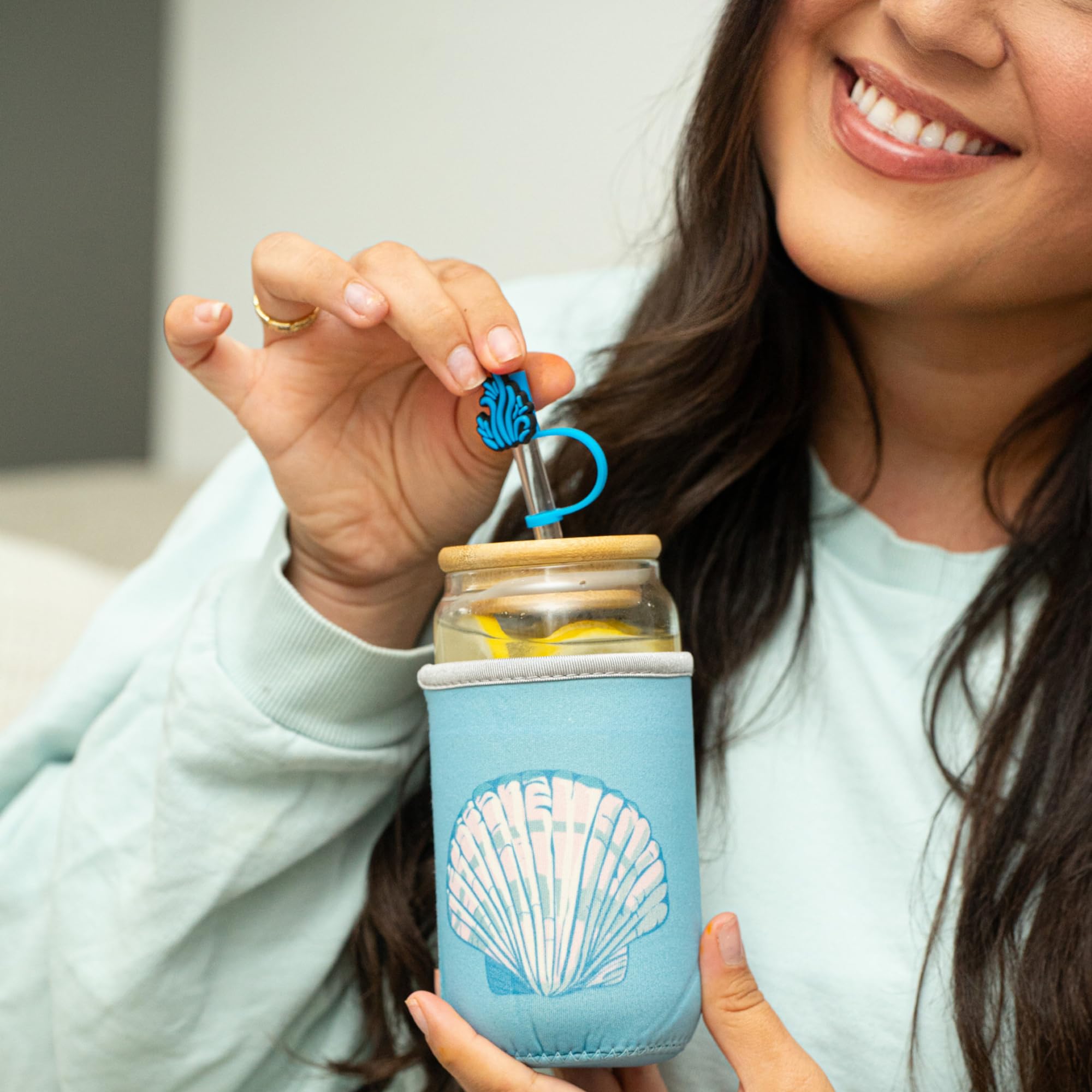 The Love Crate Co. Ocean Gifts for Women - Glass Tumbler with Lid and Straw, Customized Straw Stopper and Cup Sleeve, Aesthetic