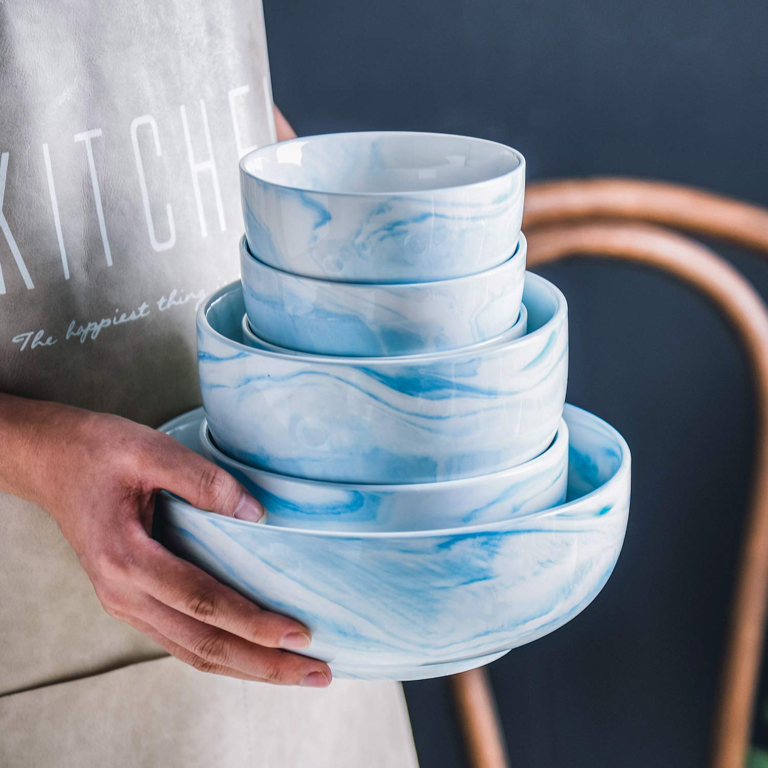 Yundu 14 Ounce Blue Marble Porcelain Bowls Ice Cream, Dessert, Cereal Bowls, Microwave And Dishwasher Safe, Set Of 6