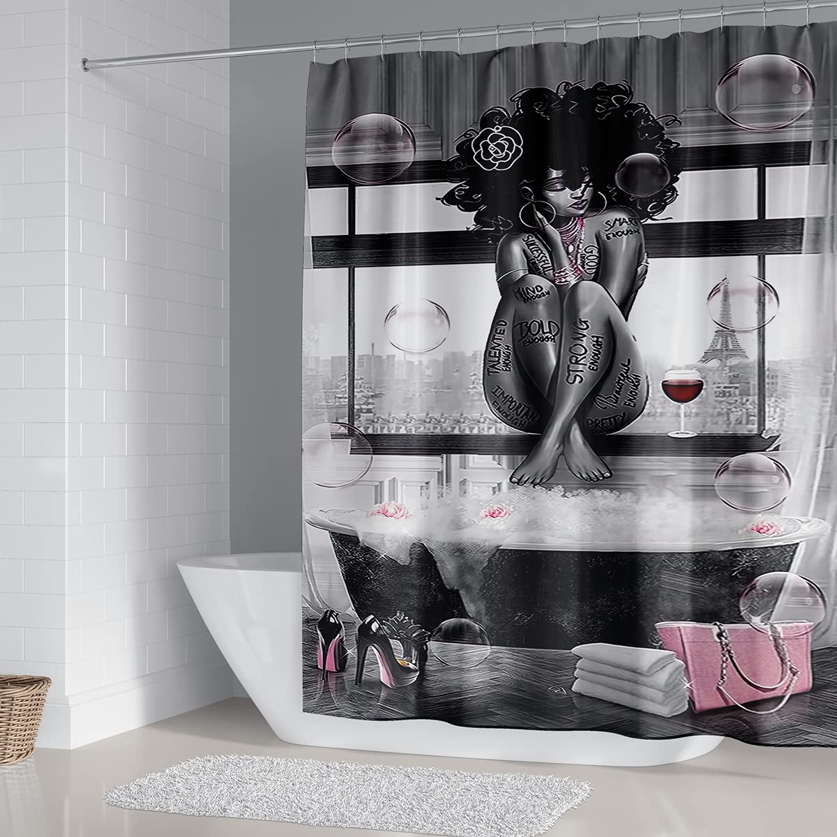 Dds-Dudes 4Pcs African American Black Girl Waterproof Shower Curtain Sets For Bathroom With Non Slip Rugs, Toilet Cover And Bath