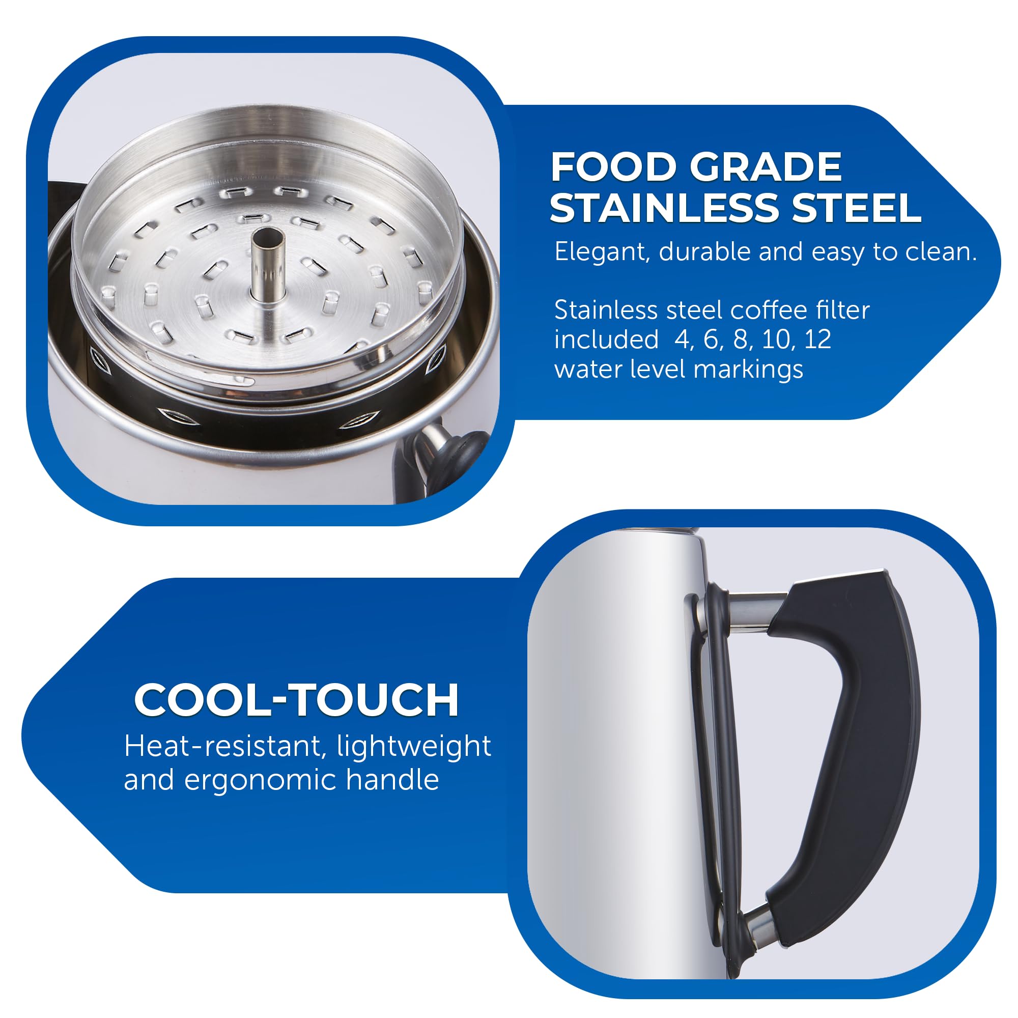 Elite Gourmet Ec922 Electric Coffee Percolator, Glass Clear Brew Progress Knob, Cool-Touch Handle, Cordless Serve, 12-Cup, Stain