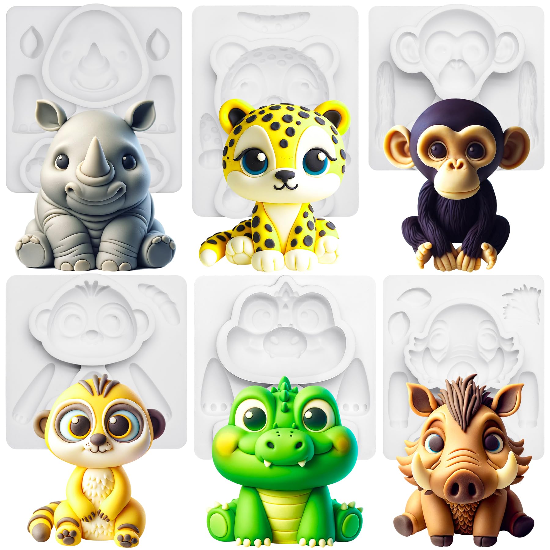 Fondant Molds Safari Animal Cake Topper 6-Count Kit Leopard Mongoose Chimpanzee Crocodile Rhinoceros Warthogs