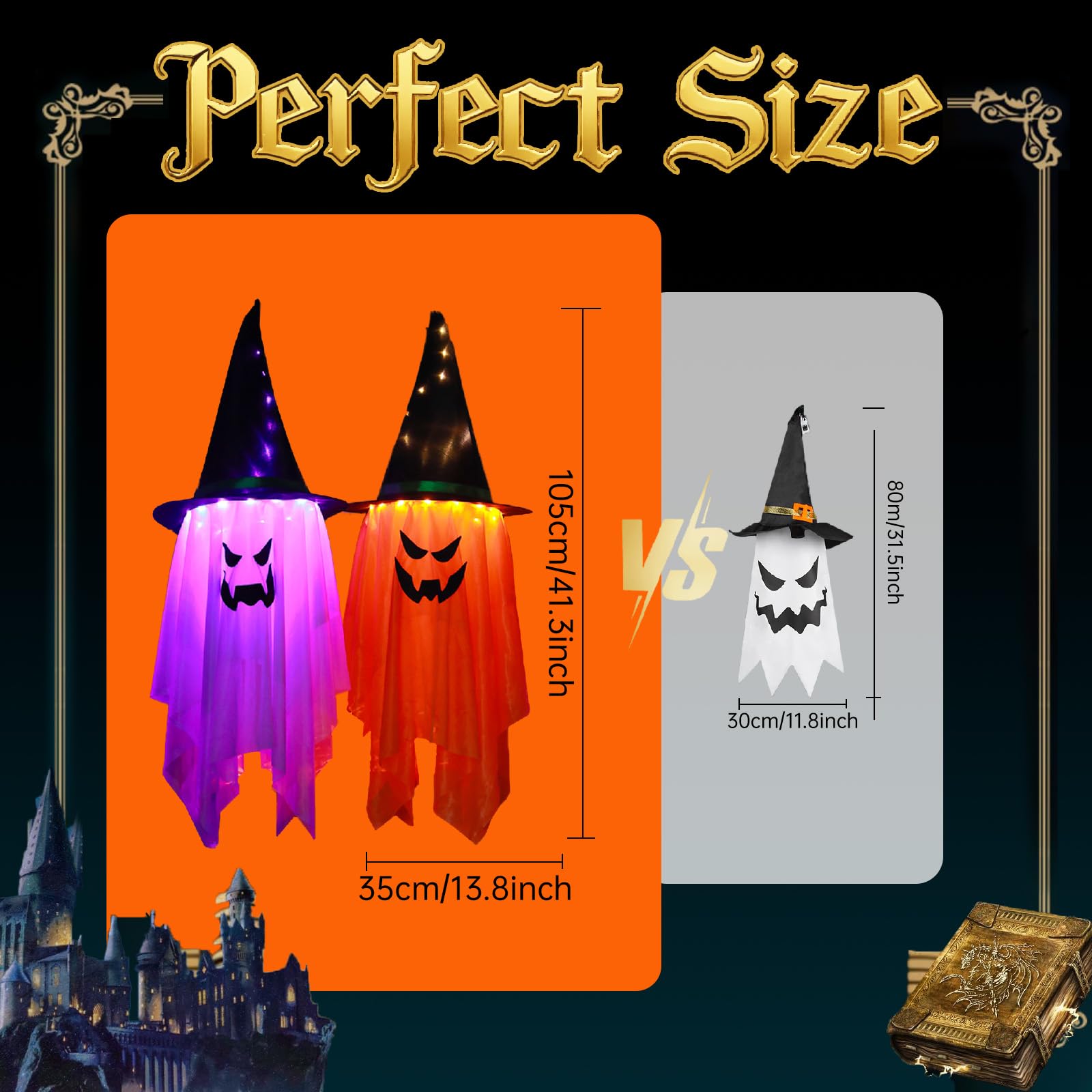 Kevsuvqin 2Pcs Hanging Ghosts Halloween Decor, Halloween Decorations Outdoor with 8Light Modes and Waterproof Battery Box, 42.5x