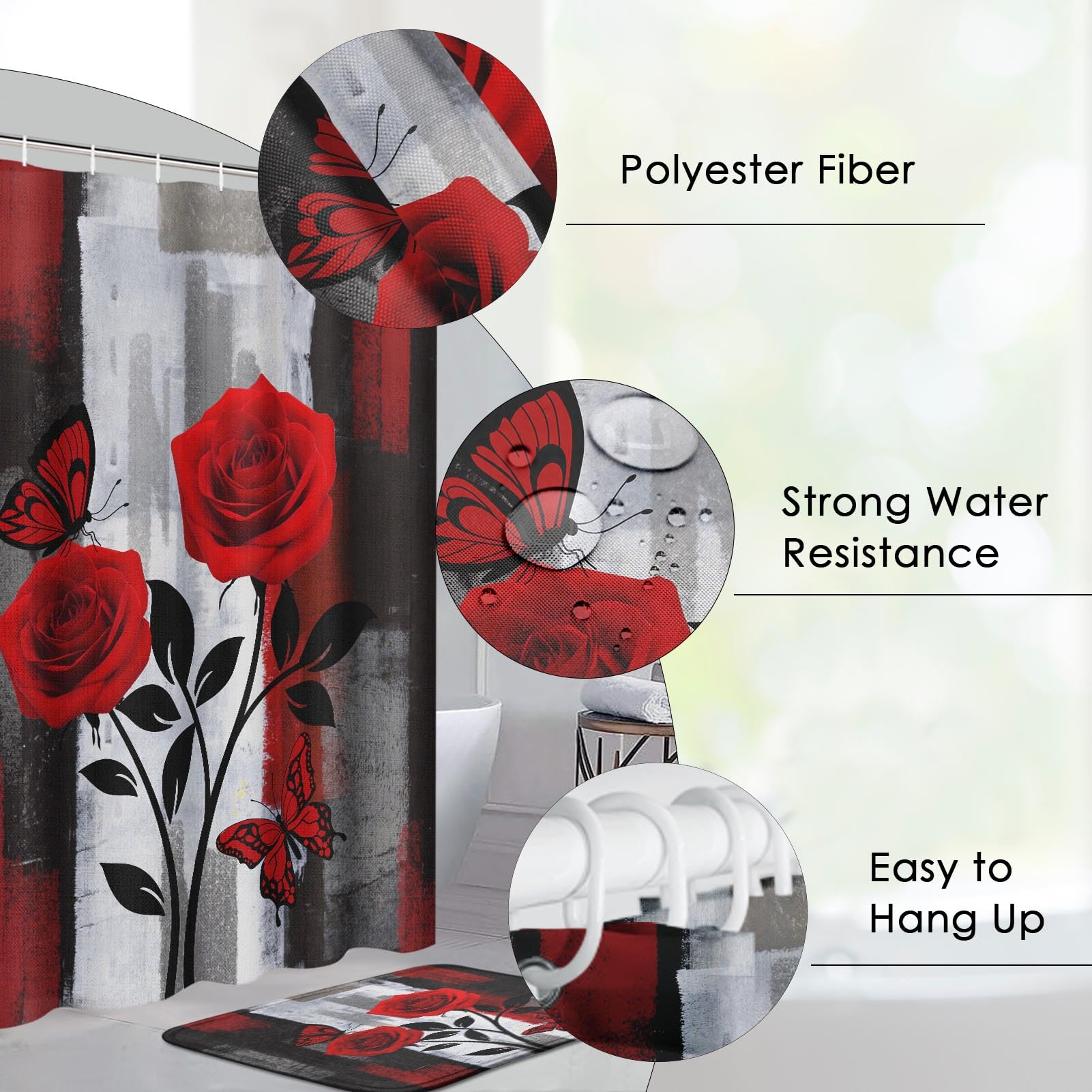 Pamnest Shower Curtain Set - Red Rose Waterproof Bathroom Decor, 72" x 72", Includes Rugs & Lid Cover, Model AZT10083144-YS4-JP
