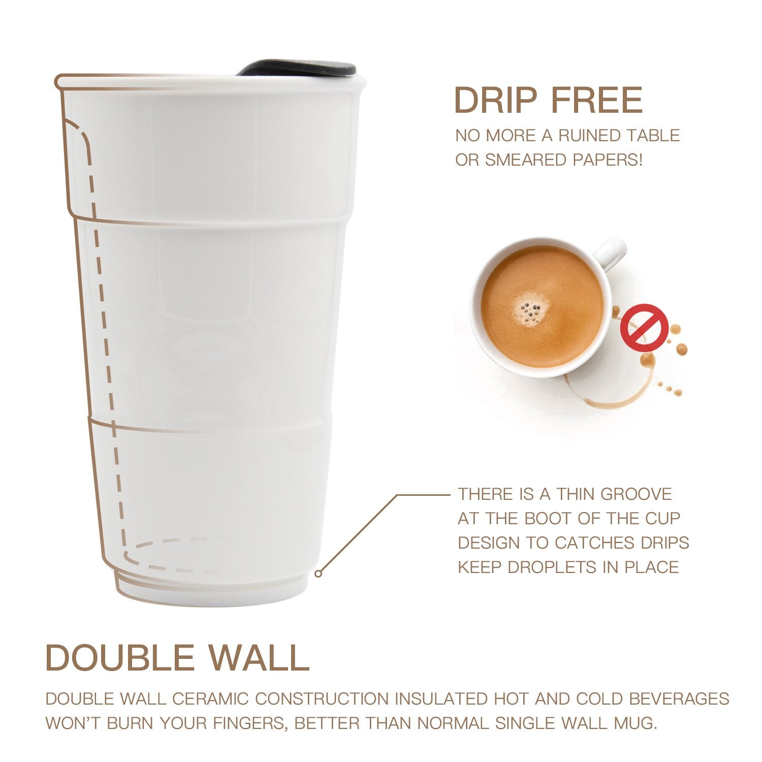 Udmg Ceramic Double Wall Insulated Travel Coffee Cup With Slider Lid, Silicone Sleeve & Built-In Coaster, 10 Fl.Oz (Coffee)