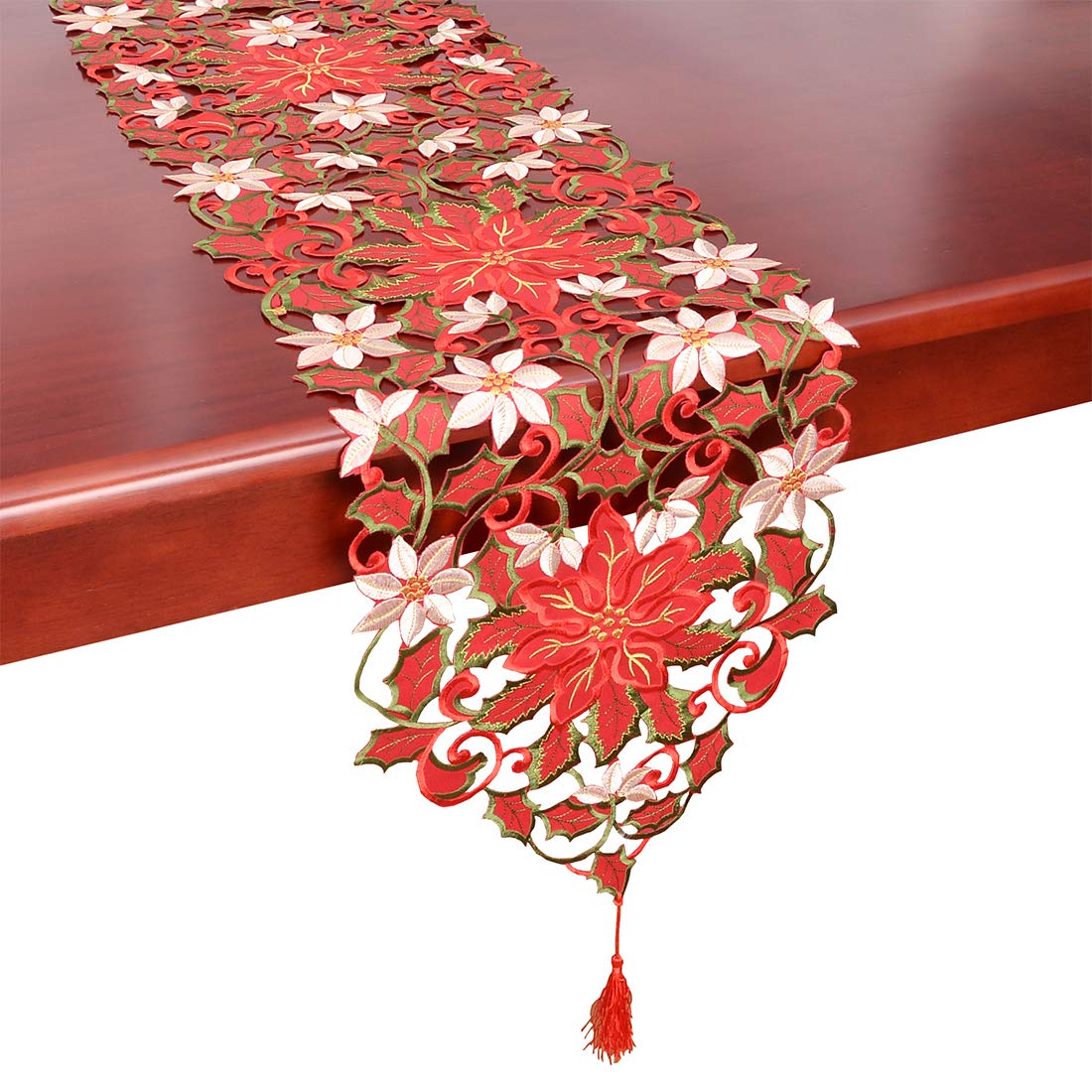 Lilian Christmas Holiday Poinsettia Lace Table Runners and Dresser Scarves 13 by 108 Inch by Lilian