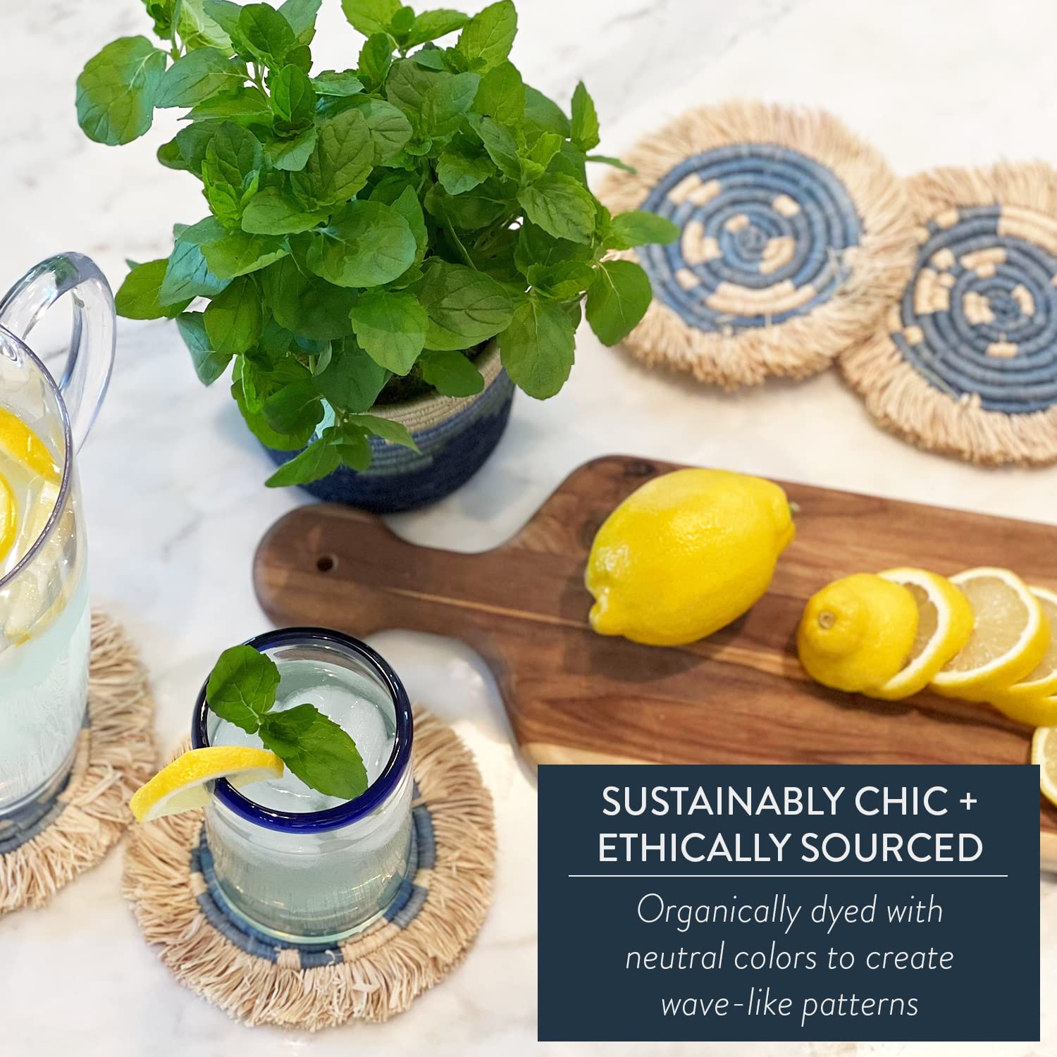 Kazi Coasters For Hot & Cold Drinks - Artisan-Made W/Raffia, Eco-Friendly, Housewarming Gift (Set Of 4, Blue)