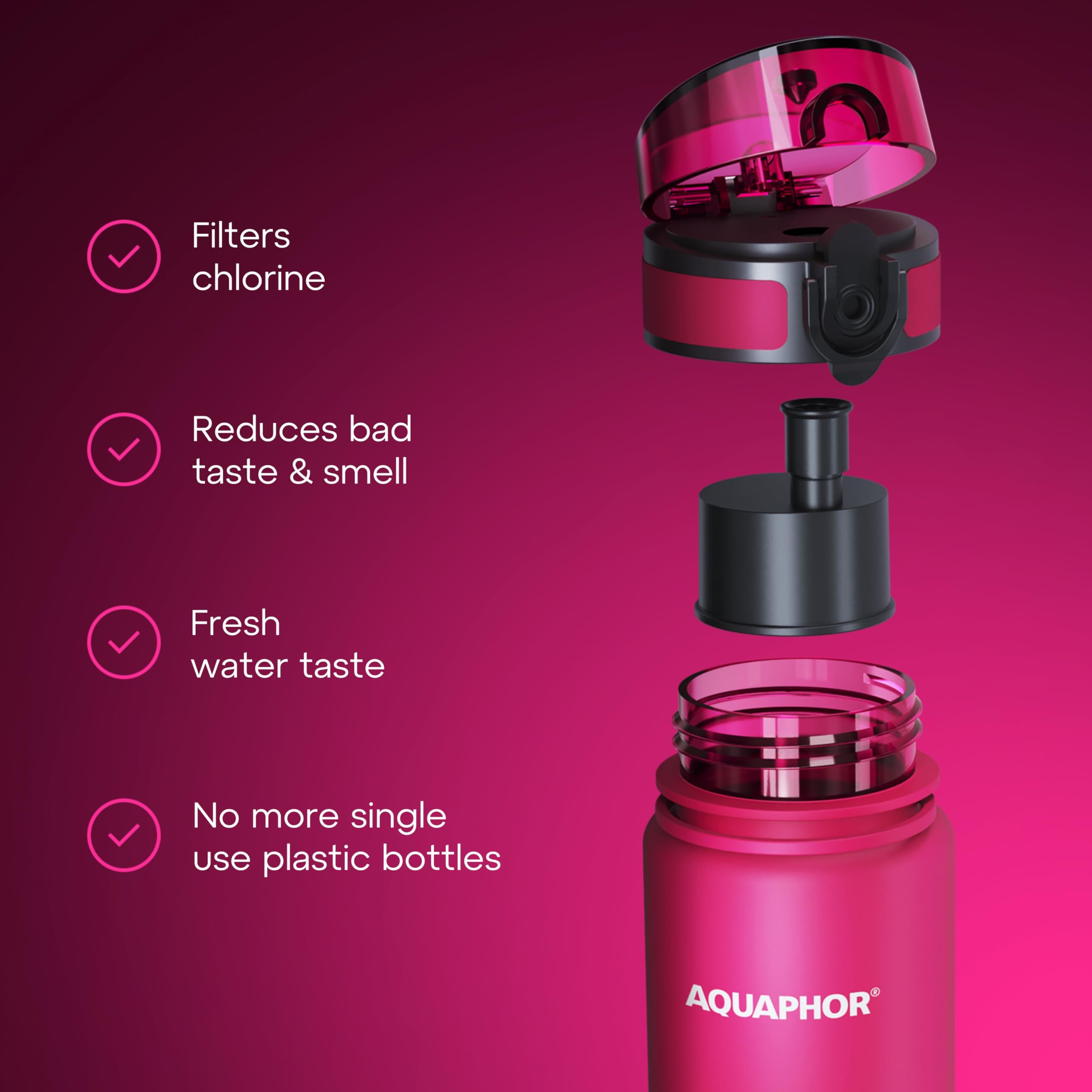 AQUAPHOR City Bottle 500ml Pink  Travel Water Bottle with Activated Carbon Filter  Filters Chlorine & Impurities  Made of Tritan & BPA-Free  Stay Hydrated On The Go!