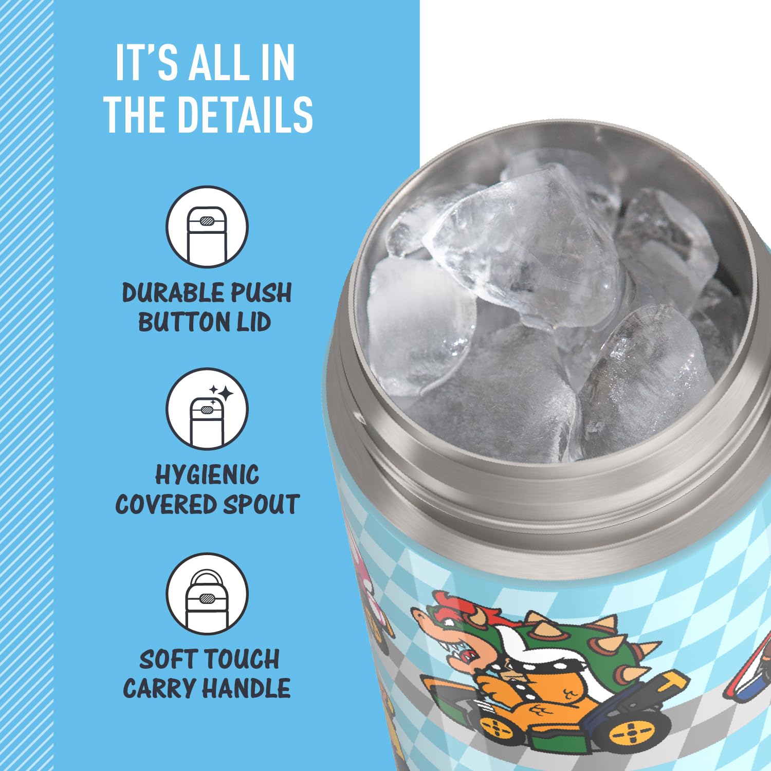 Thermos Funtainer 16 Ounce Stainless Steel Vacuum Insulated Bottle With Wide Spout Lid, Mario