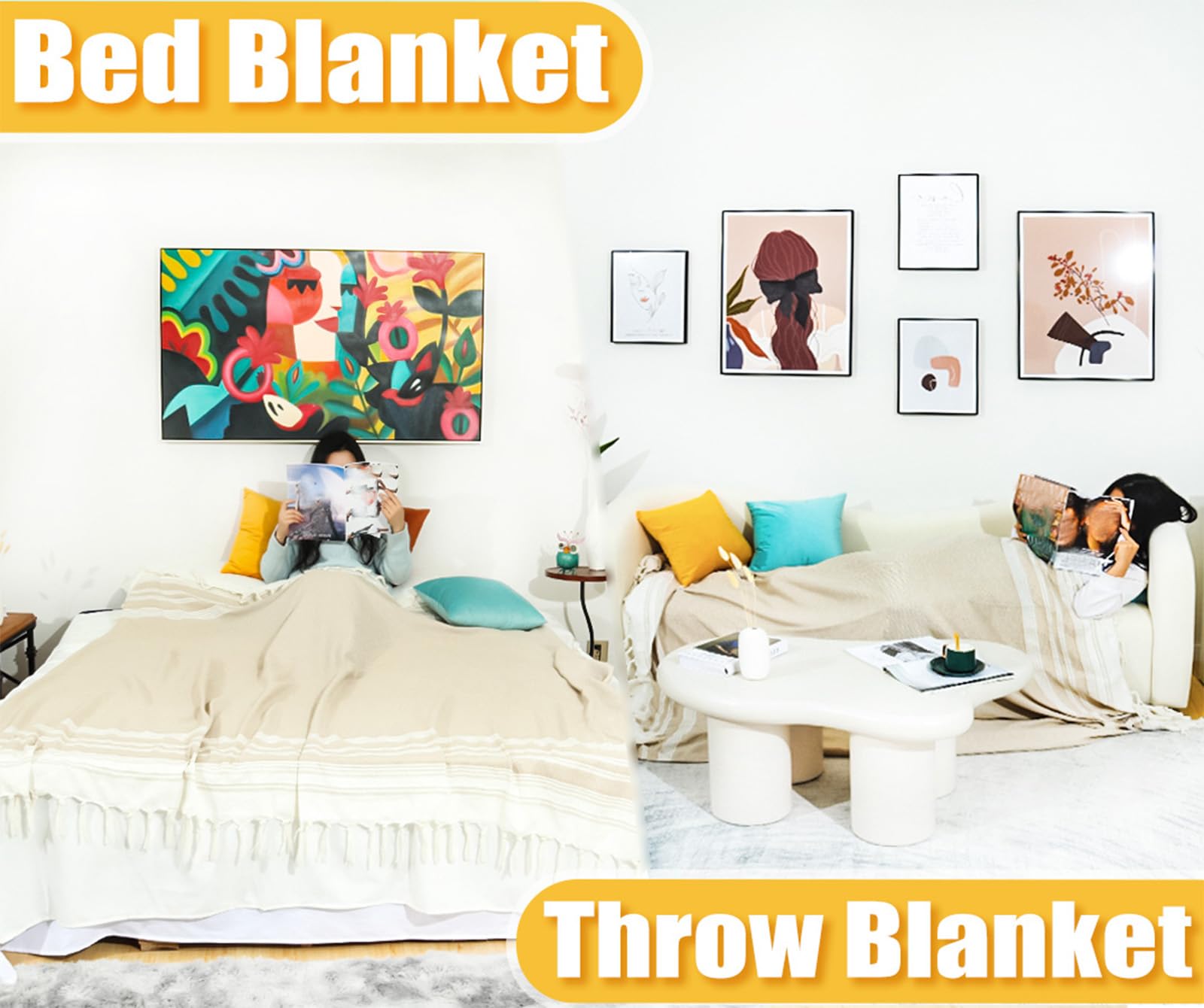 Boho Beige Throw Blanket Bedroom Living Room Accessories Sofa Couch Chair Essential Bohemian Aztec African Southwest Neutral Whi