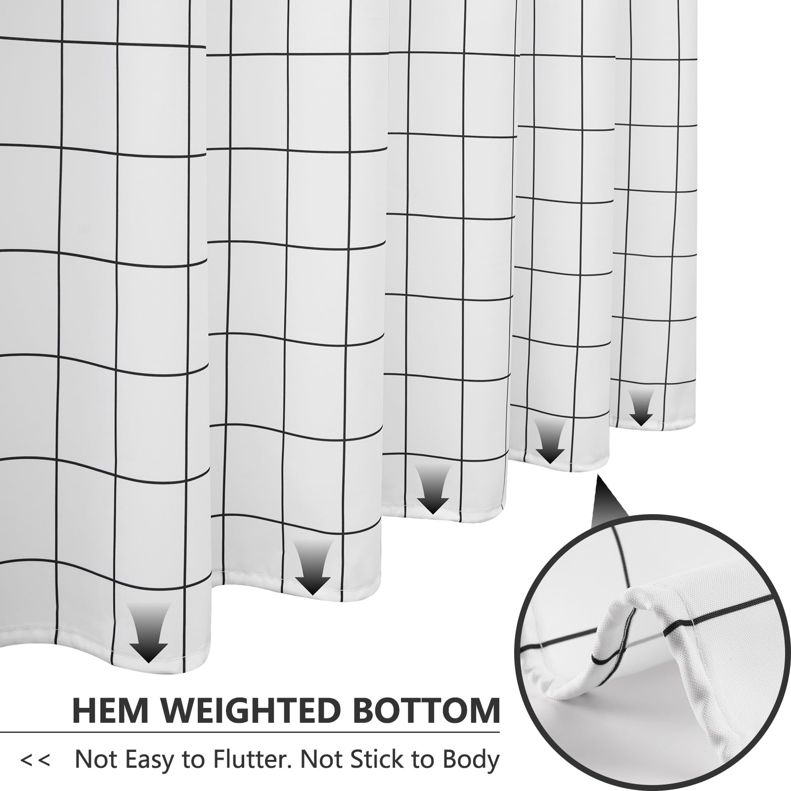 Aoohome Standard 72X72 Inch Fabric Shower Curtain, Black And White Geometric Grid Bathroom Curtain With Hooks, Heavy Duty, Weigh