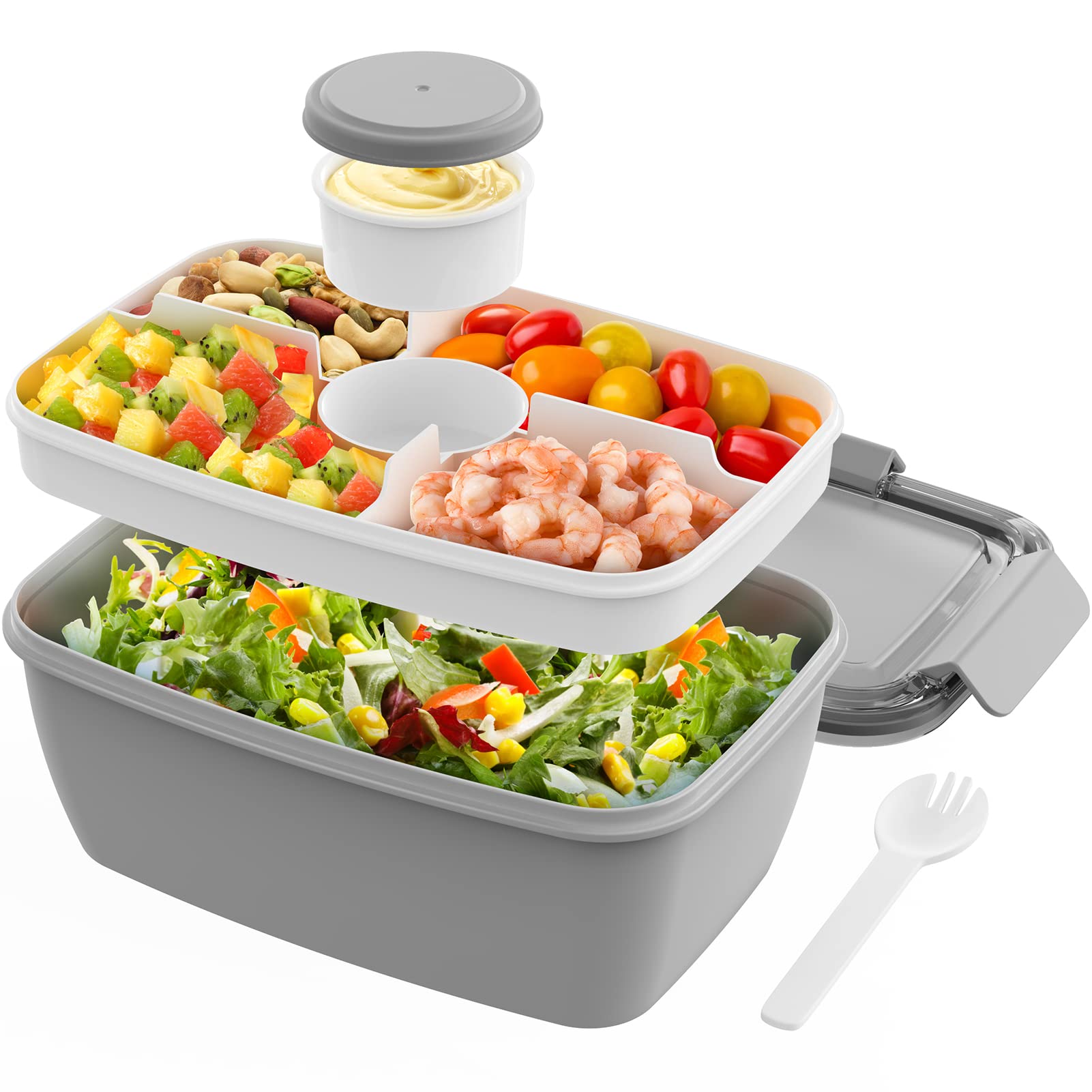 Cherrysea Salad Lunch Container, 68Oz Salad Bowls With 4 Compartments Tray,Leak Proof Lunch Box With Fork For Men,Women Bpa-Free