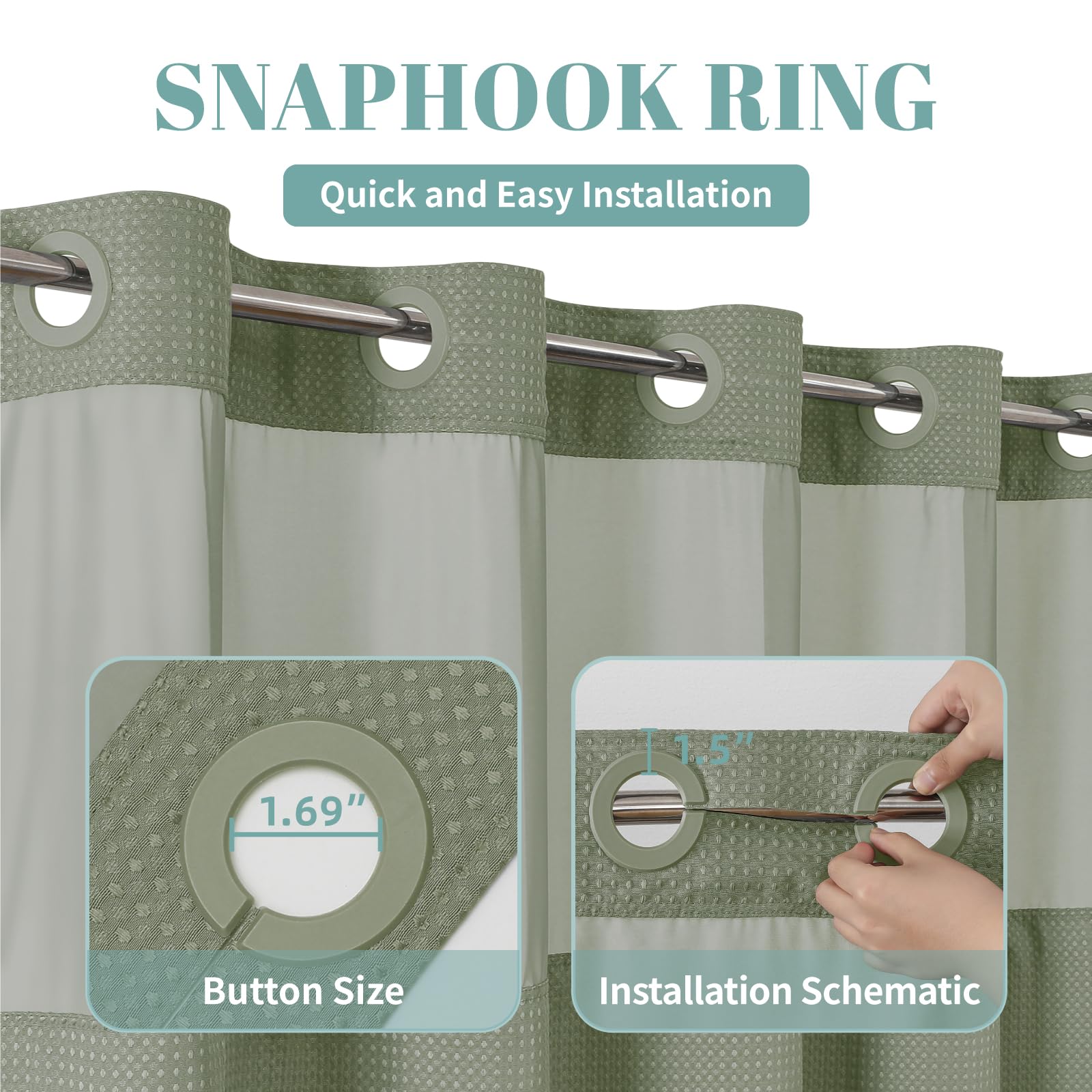 Eachope Sagegreen No Hook Waffle Weave Shower Curtain With Snap-In Liner Replacement, 230Gsm Waterproof Fabric Hotel Shower Curt