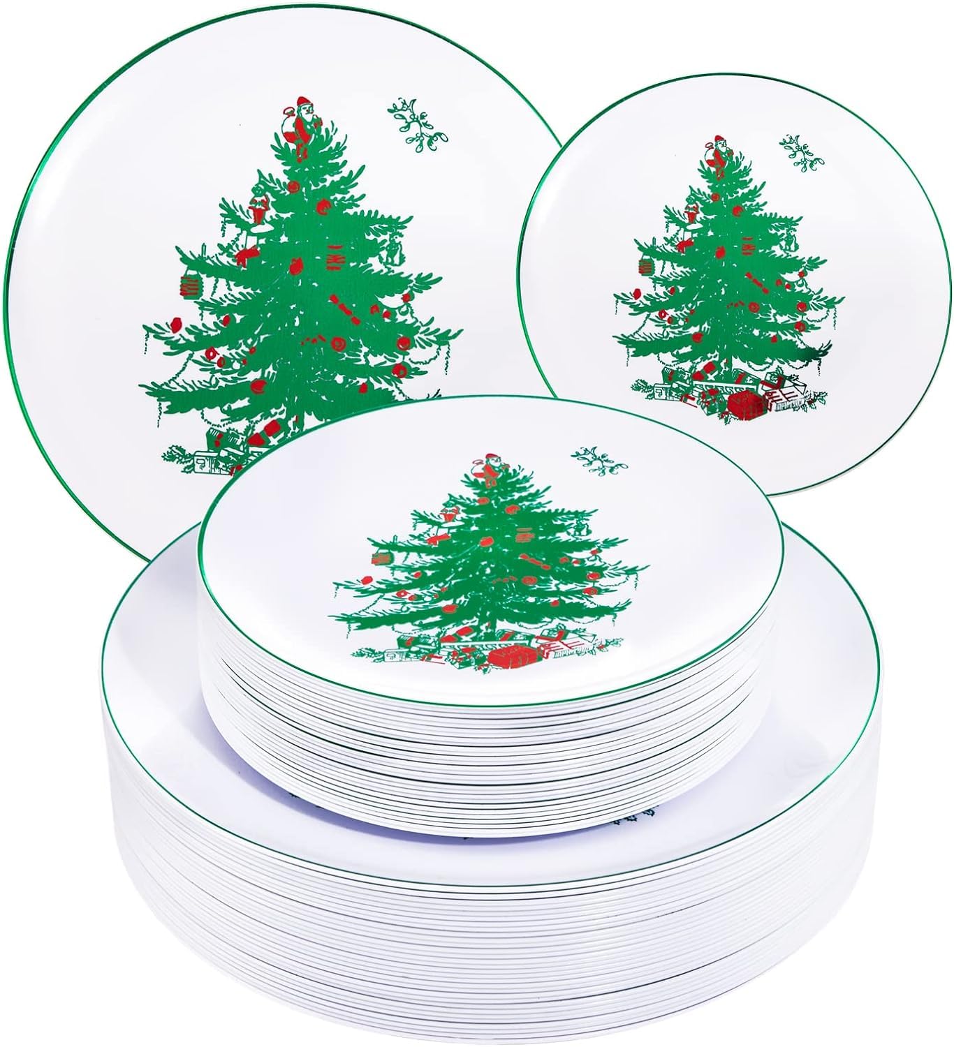 Rubtlamp 60PCS Christmas Plastic Plates, White Disposable Plates with Green christmas Tree, Fancy christmas Party Plastic Plate 