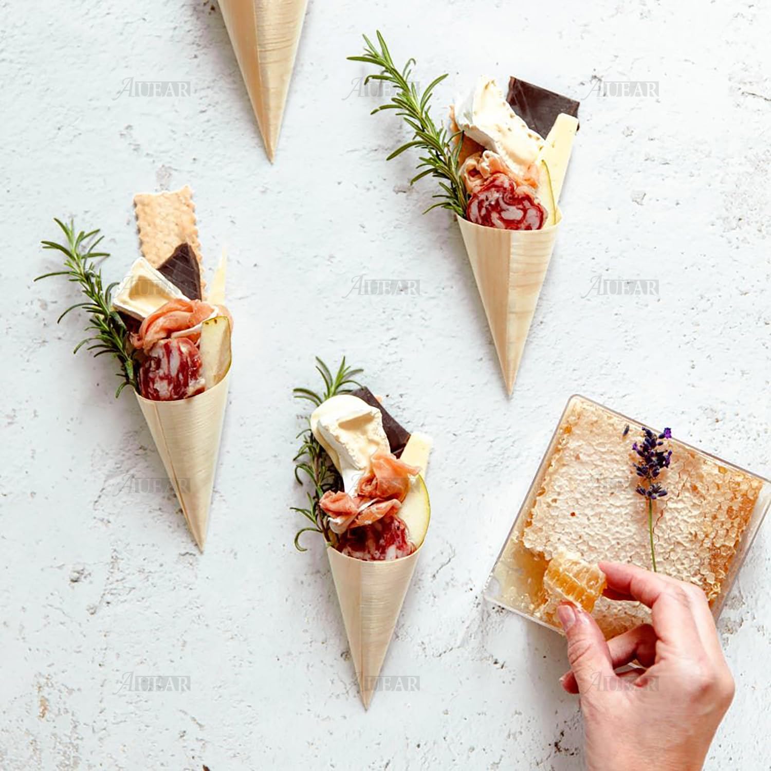 Auear, 100 Pcs 5'' X 2'' Disposable Pine Wood Cones Wooden Food Cone Holders Bamboo Charcuterie Cones For Appetizers And Finger