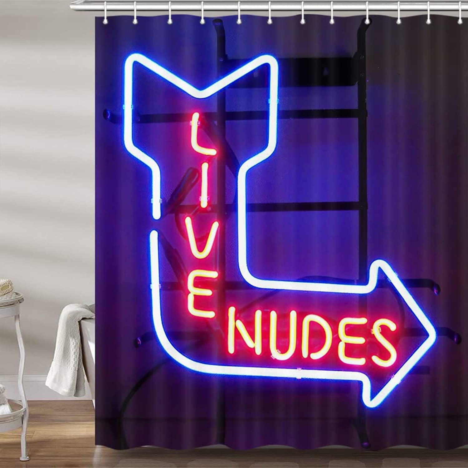 Unique Funny Shower Curtain For Bathroom, Fun Neon Signs Live Nudes Fabric Shower Curtains Set, Cool Design Restroom Decor Acces