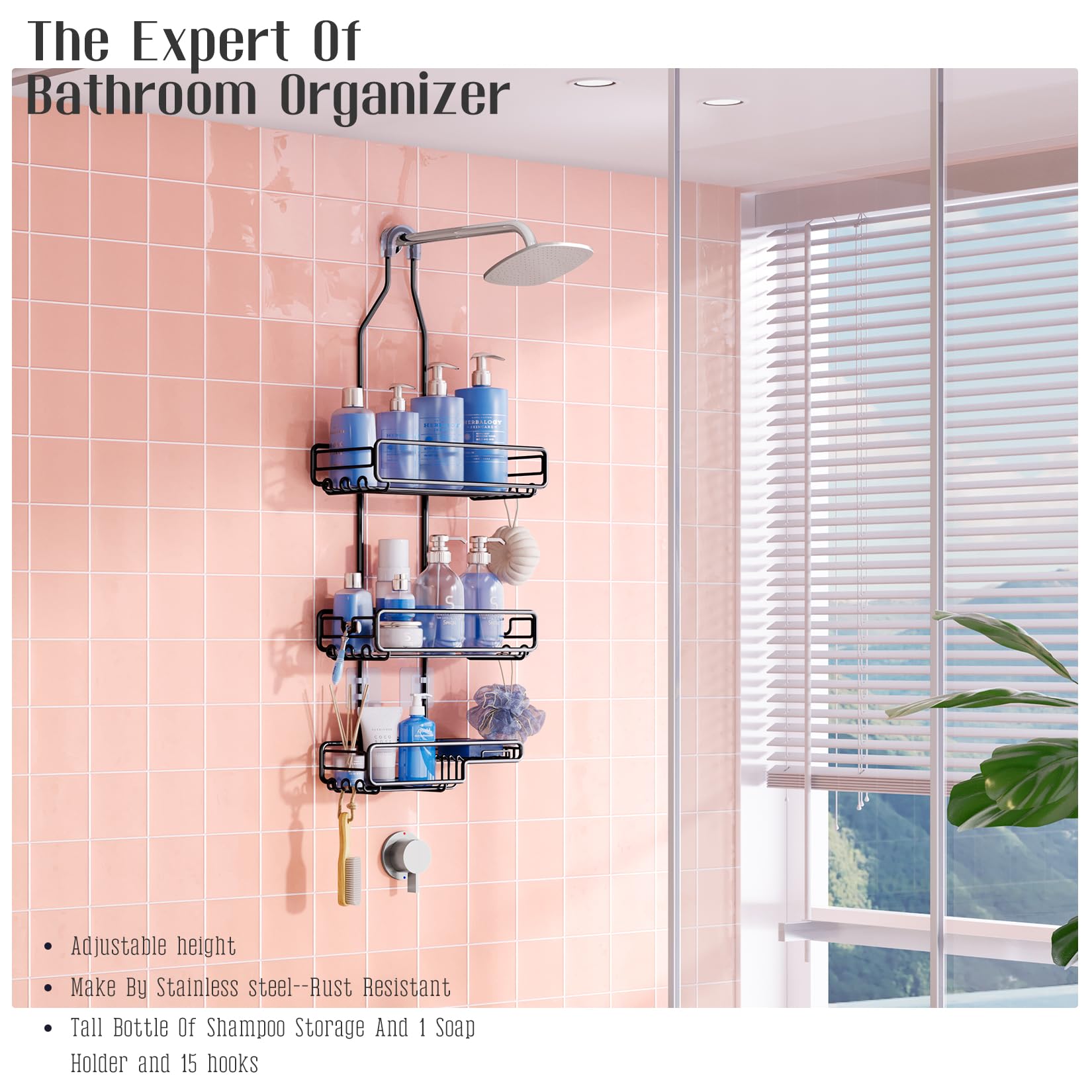 Skyapex Shower Caddy Hanging Bathroom Organizer: Over Head Adjustable Rack For Tall Showerhead - Extra Large Storage Shelf For B