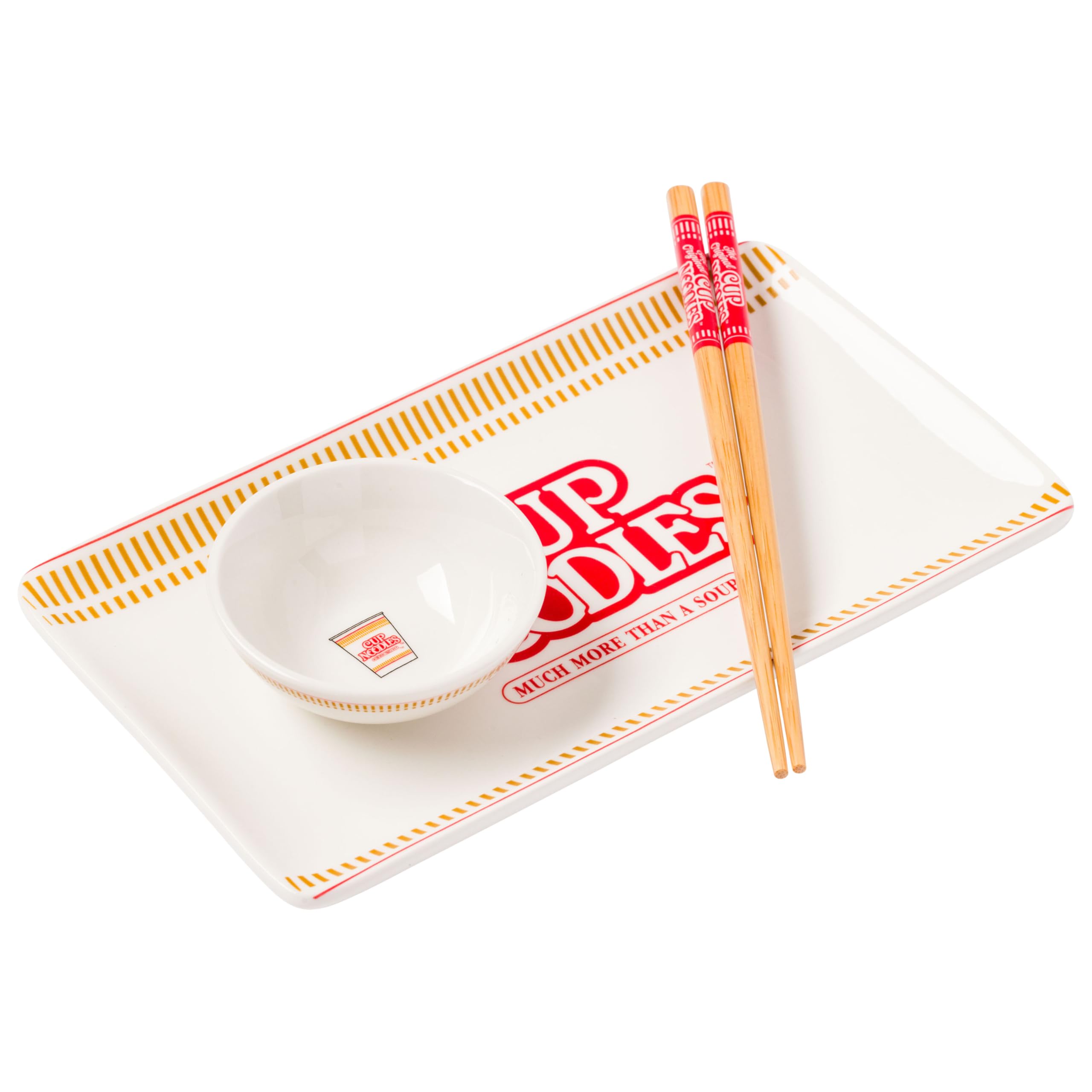 Silver Buffalo Nissin Cup of Noodles Logo 3 Piece Boxed Ceramic Sushi Set, Includes Chopsticks, Plate, and Dipping Sauce Dish