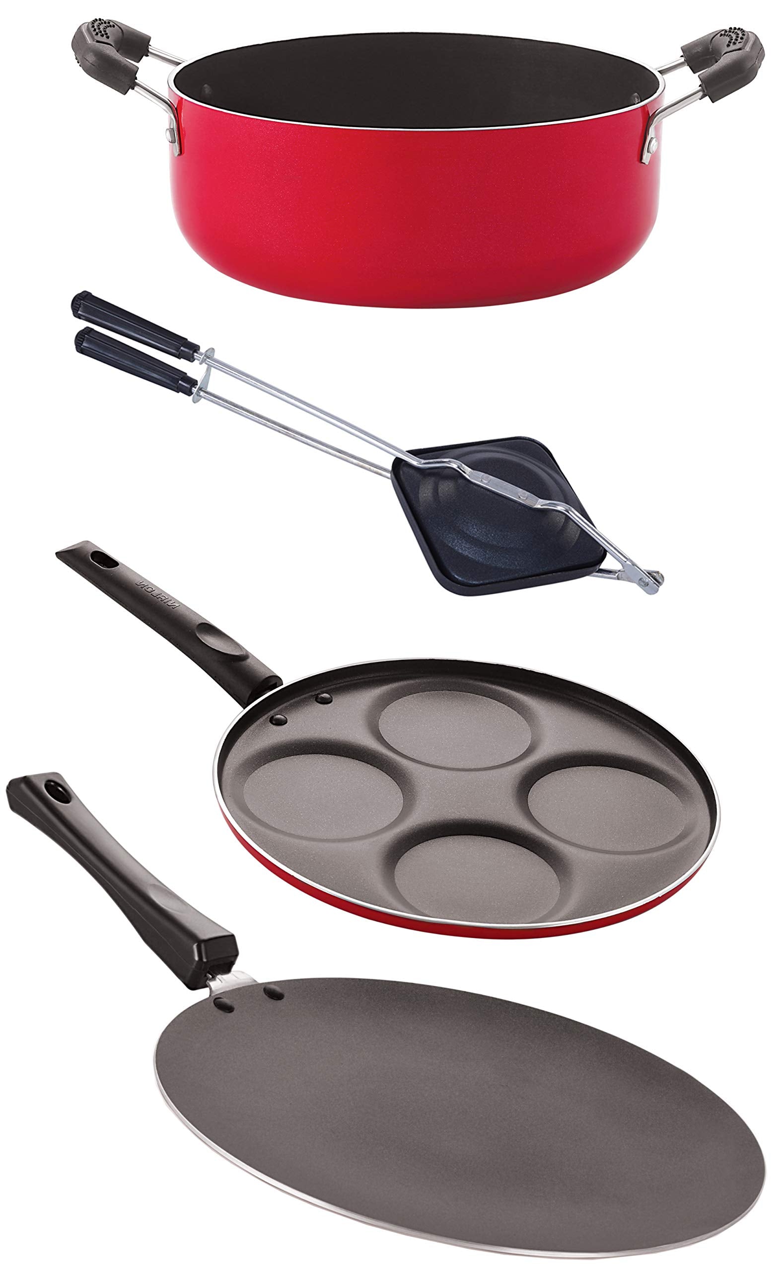 Nirlon Nonstick Aluminium Cookware Gift 4 Pieces Set, Red (Concave Tawa 27.5Cm + Uttapam 4 Cavity + Hand Toster + Casserole 3.1 