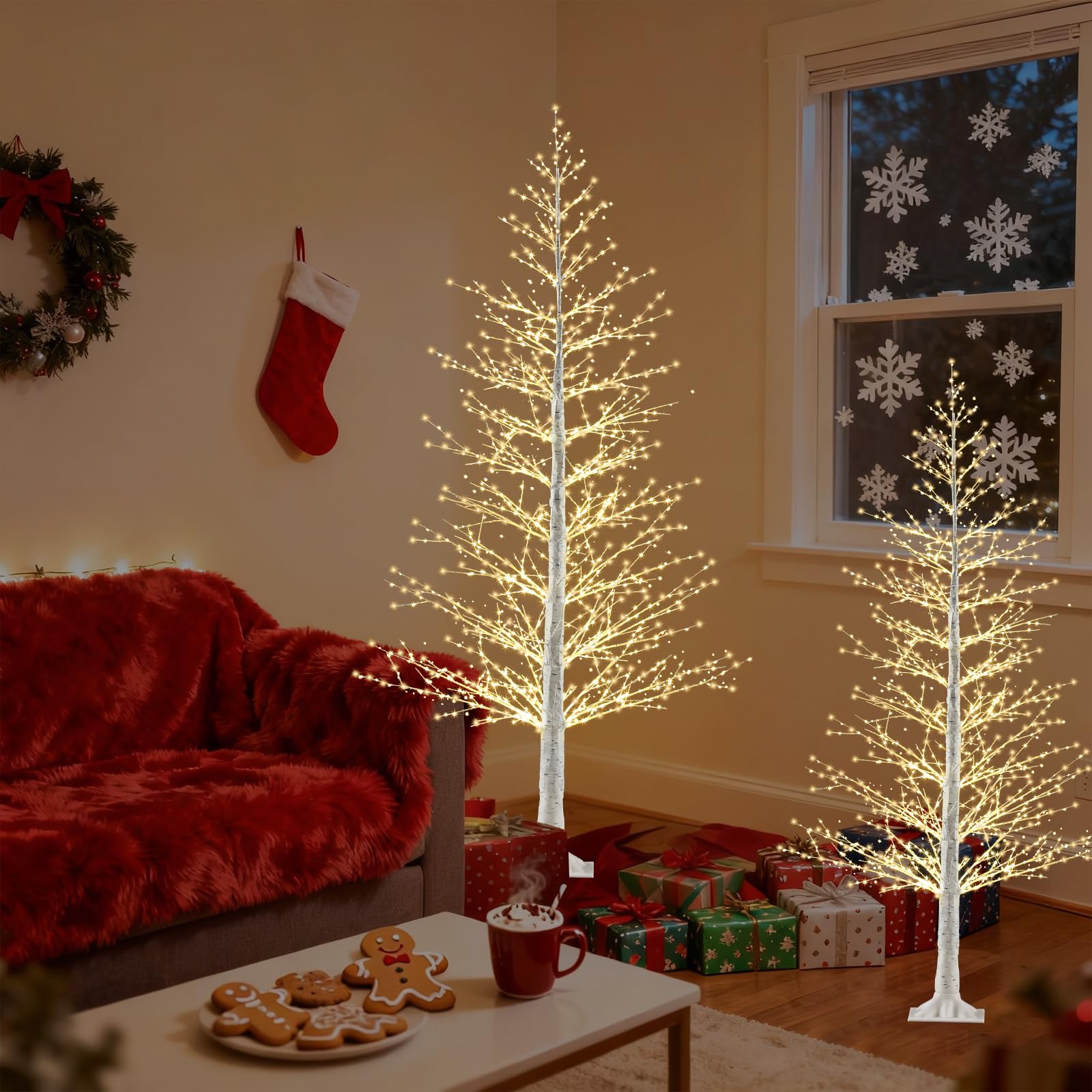 6FT Lighted Birch Tree with 1100 Warm White LEDs, Prelit Christmas Tree with Twinkle Lights, Birch Tree with LED Light for Outdo