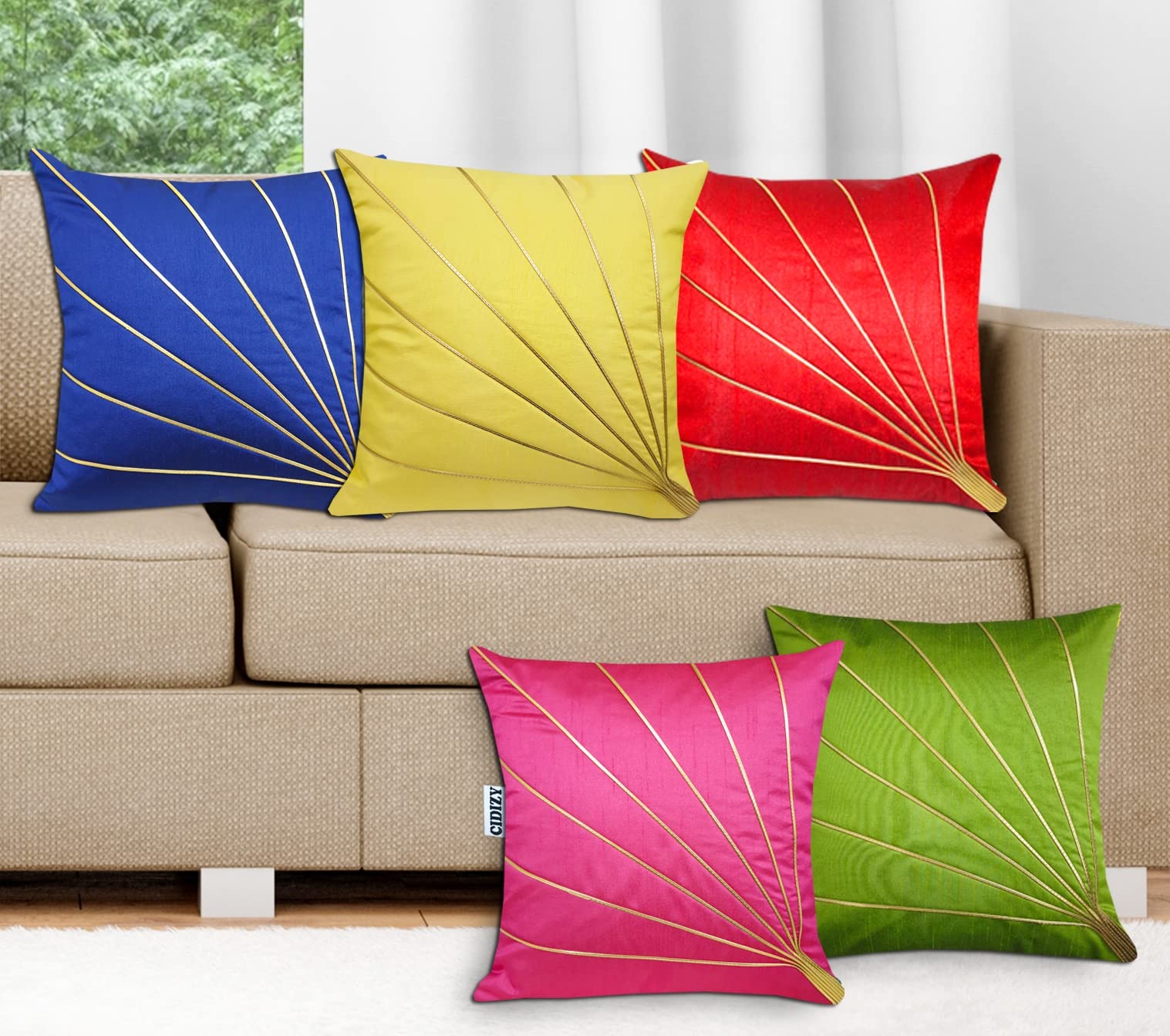 Urvaan Golden Striped Cushion Cover, 16X16 Inch, Set Of 5, Multicolour